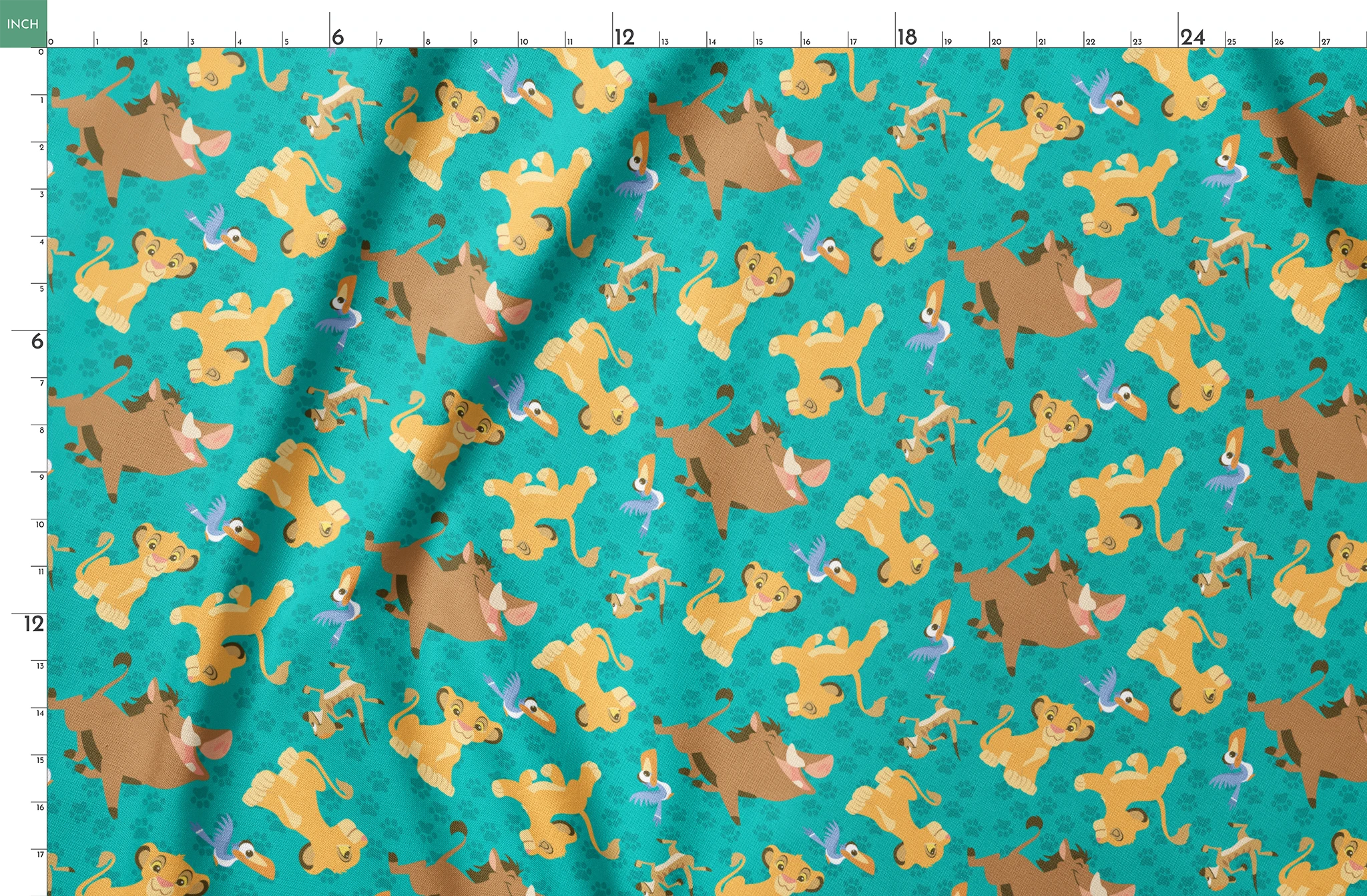 Cartoon Lion King characters pattern with Simba, Pumbaa and others on turquoise paw print background springs fatquarter mockup