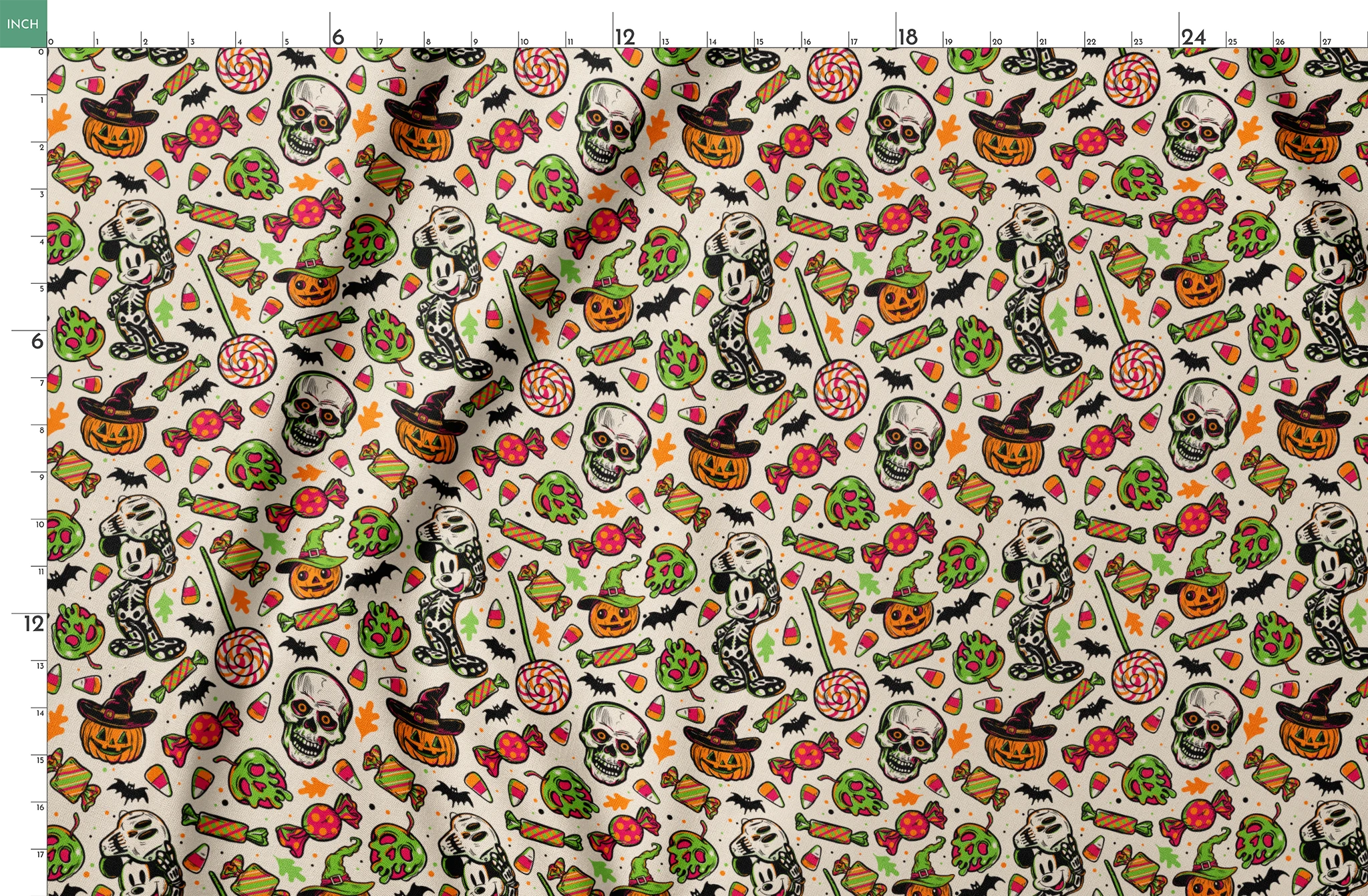 Halloween pattern with skulls, pumpkins, candy corn, wrapped candies, lollipops, bats, and autumn leaves on cream background springs fatquarter mockup