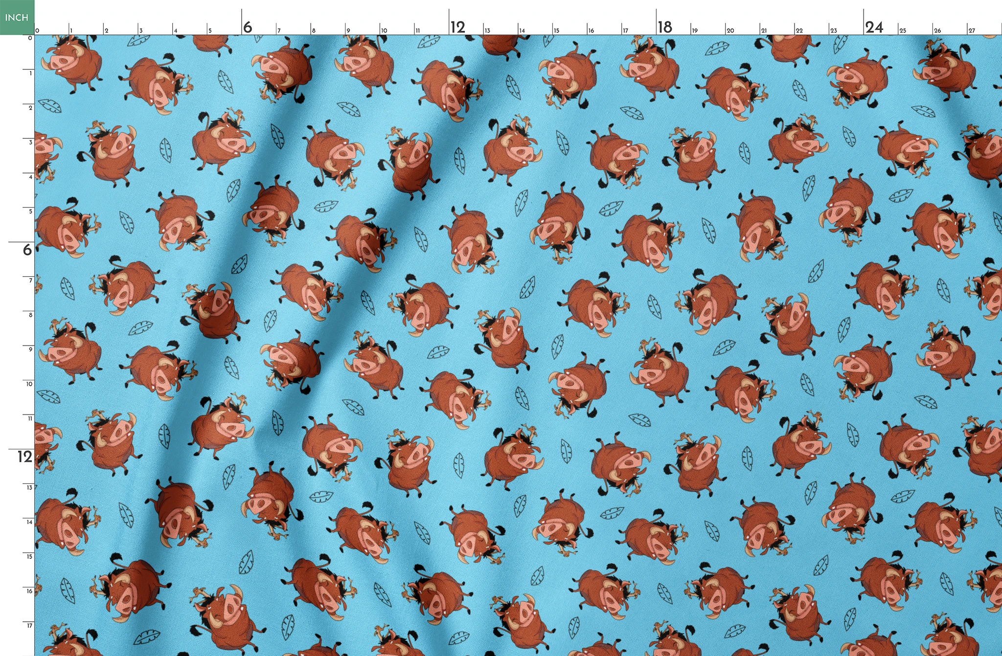 Cheerful Lion King characters with flower crowns dancing on light blue background with leaf patterns springs fatquarter mockup