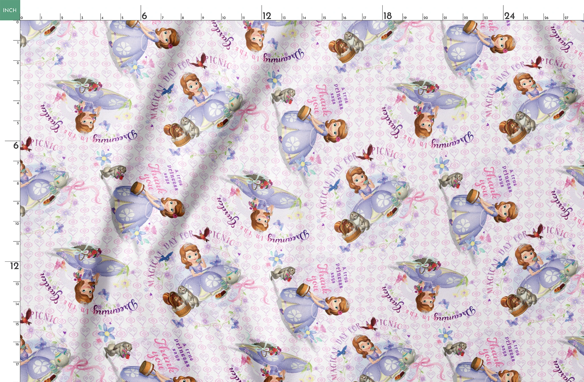 Disney Sofia the First Princess-themed pattern with characters in purple dresses, crowns, and the text "Beautiful Princess" on light purple background springs fatquarter mockup