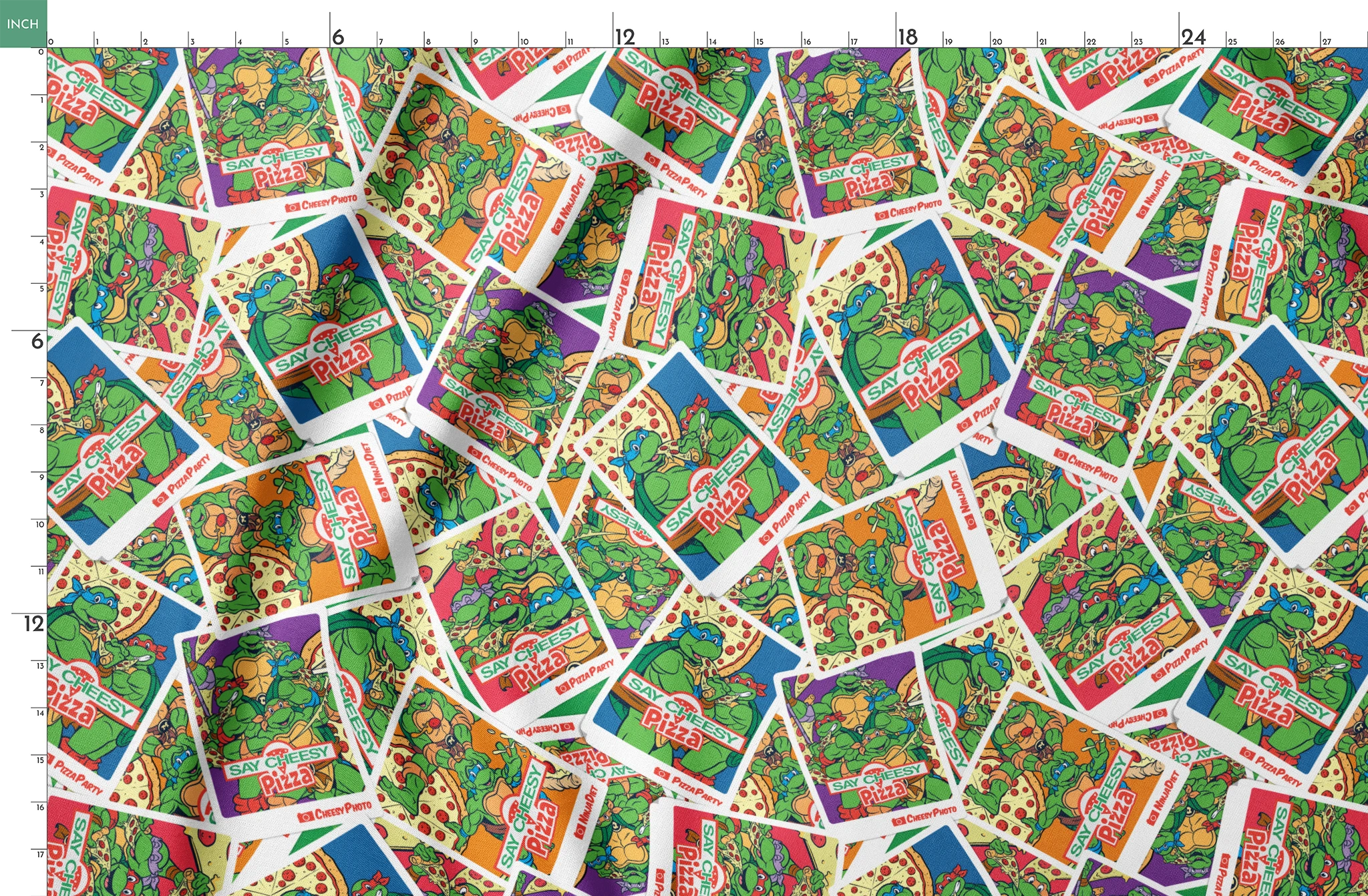 Scattered vintage Teenage Mutant Ninja Turtles trading cards with colorful comic-style artwork springs fatquarter mockup