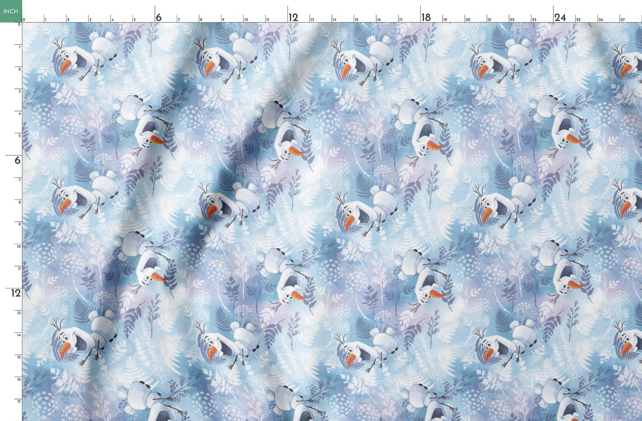 Cheerful Olaf playing among delicate ferns and snowflakes on a light blue background springs fatquarter mockup