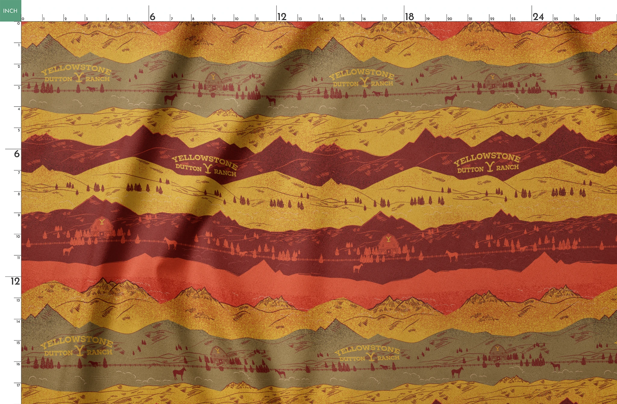 Layered mountain landscape in red, gold, and brown with "Yellowstone Cotton Ranch" text and silhouetted trees and wildlife. springs fatquarter mockup