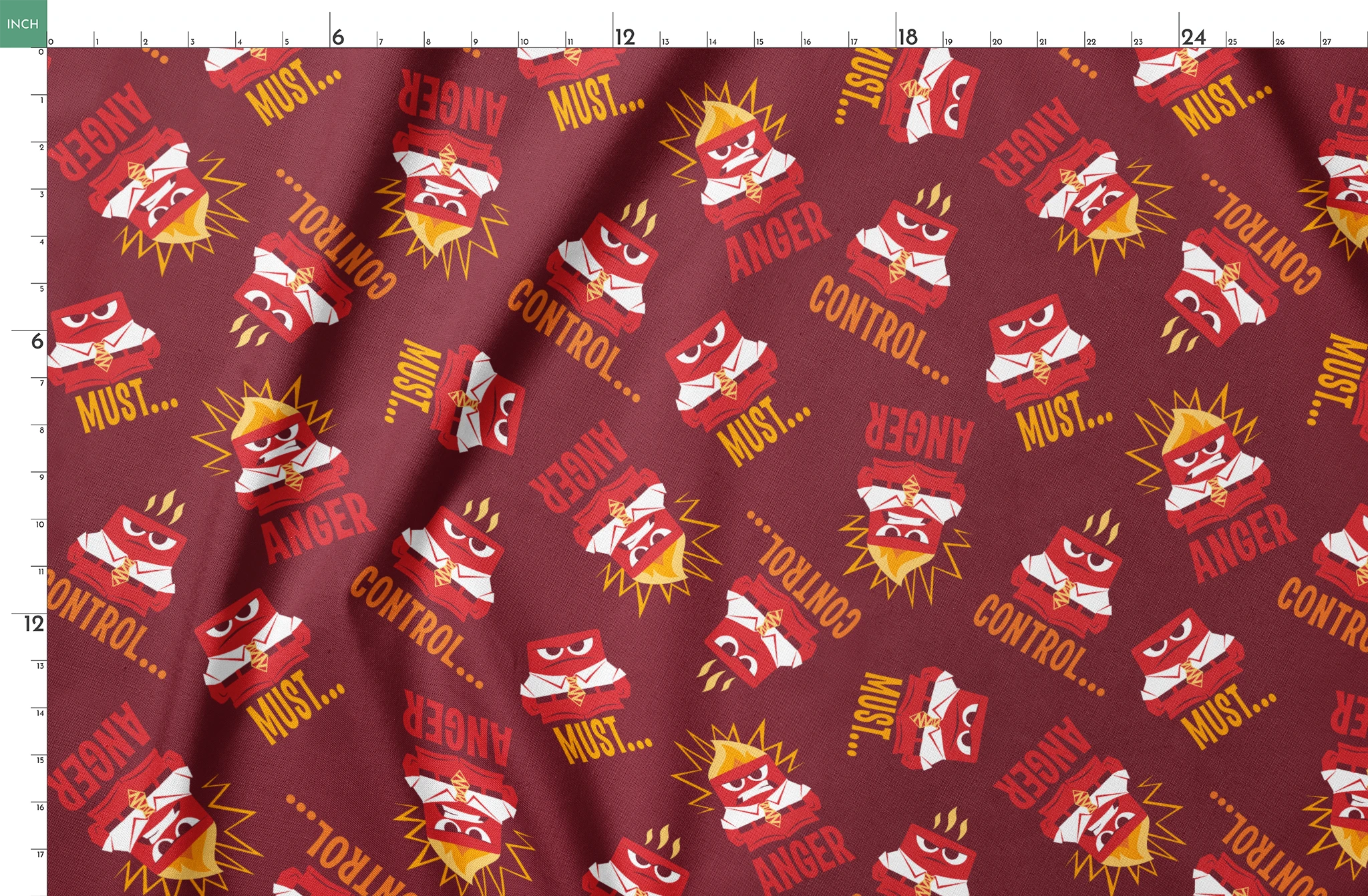 Red background pattern with Anger from Inside Out, explosions, and words "MUST... CONTROL... ANGER springs fatquarter mockup
