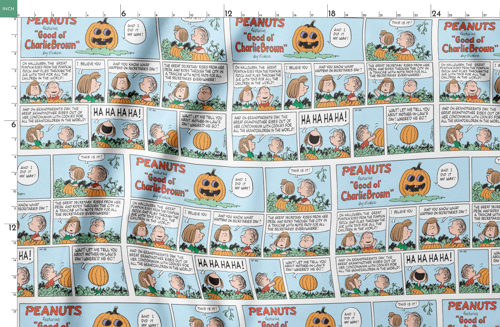 Peanuts comic strip featuring "Great Pumpkin" Halloween storyline with cartoon children and jack-o'-lantern imagery across multiple panels. springs fatquarter mockup
