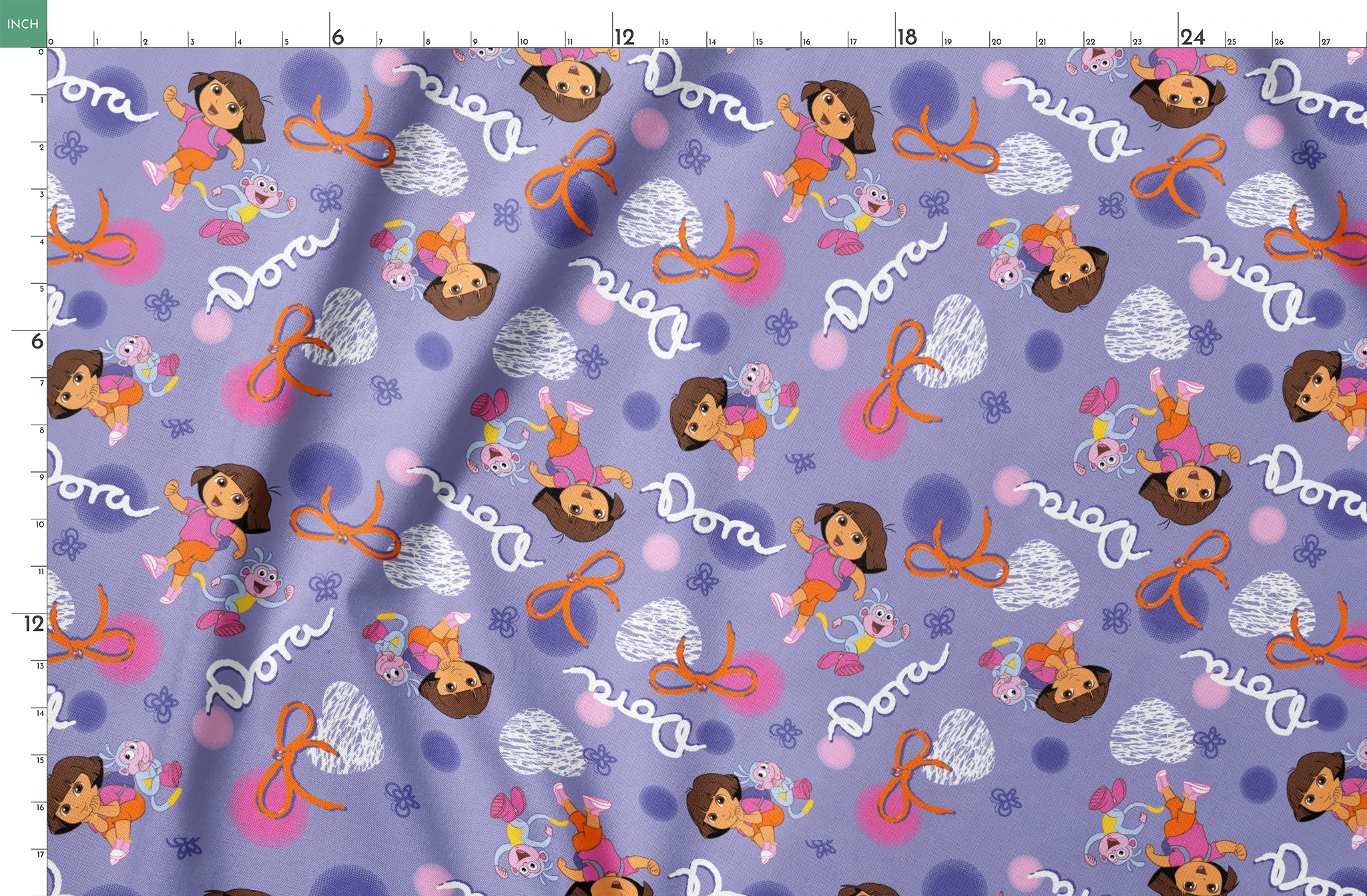Cartoon pattern featuring Dora the Explorer, Boots the monkey, and other characters on purple background with bows and clouds. springs fatquarter mockup