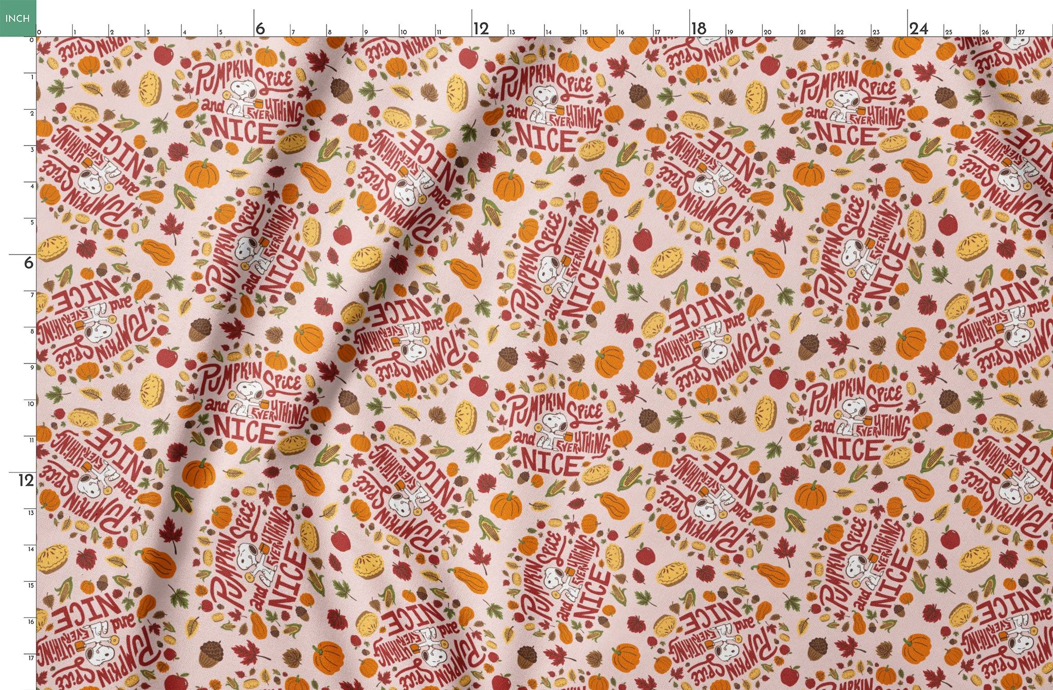 Fall Peanuts pattern with pumpkin spice phrases, autumn leaves, pumpkins, pine cones and Snoopy characters on a beige background springs fatquarter mockup