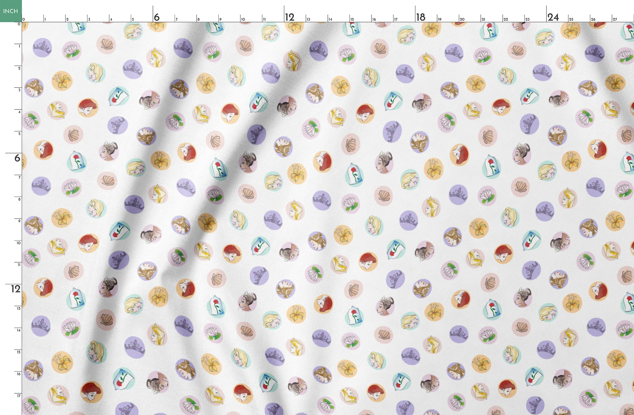 Colorful circular illustrations featuring Disney Princesses and symbols on white background springs fatquarter mockup