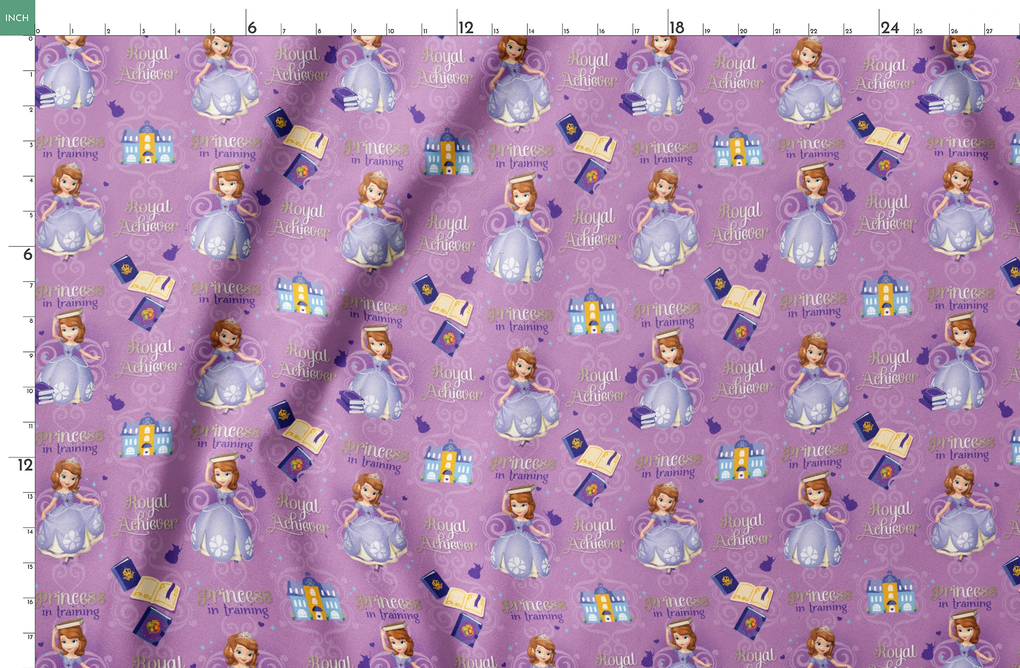 Princess Sofia pattern with "Royal Achiever" and "Princess in Training" text, purple background with castles and books springs fatquarter mockup