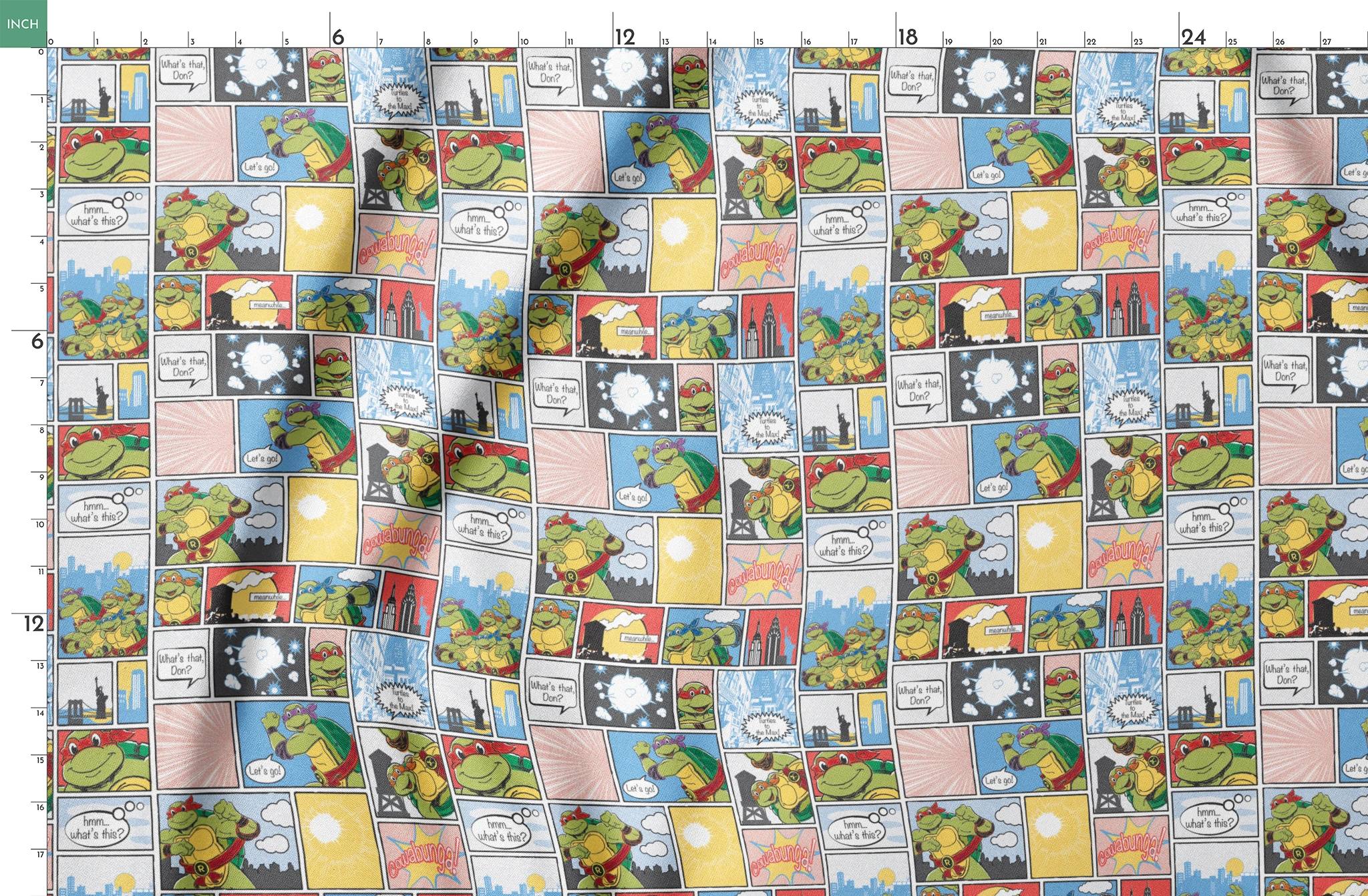 Comic-style grid featuring Teenage Mutant Ninja Turtles with speech bubbles, action scenes, and colorful panels springs fatquarter mockup