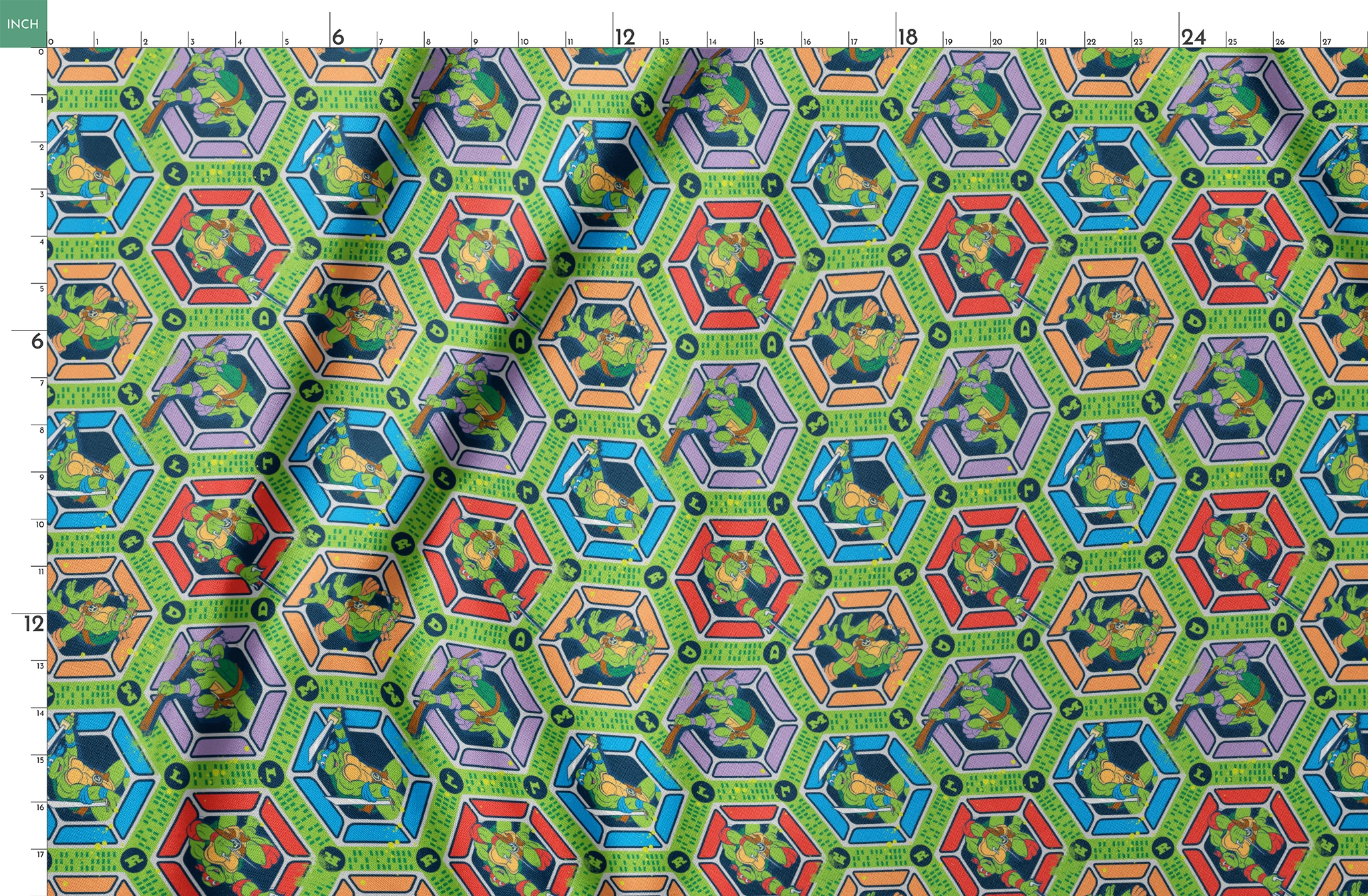 Colorful hexagonal pattern featuring the Teenage Mutant Ninja Turtles in action poses on green backgrounds with digital text elements springs fatquarter mockup