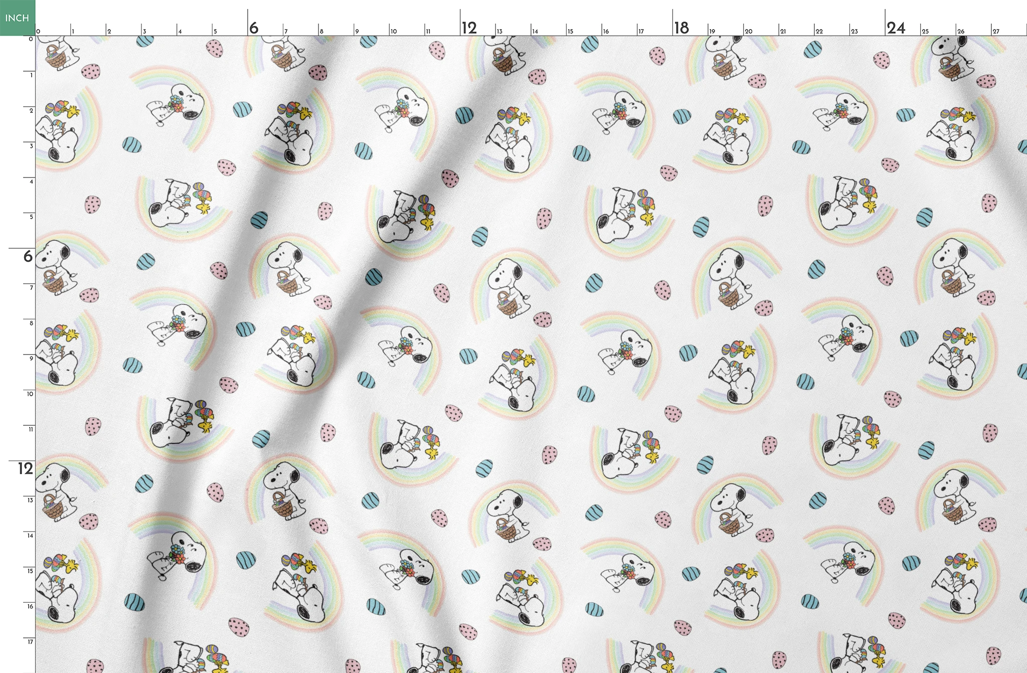 Snoopy pattern with Easter eggs, rainbows, and Woodstock, featuring Snoopy holding flowers and baskets springs fatquarter mockup