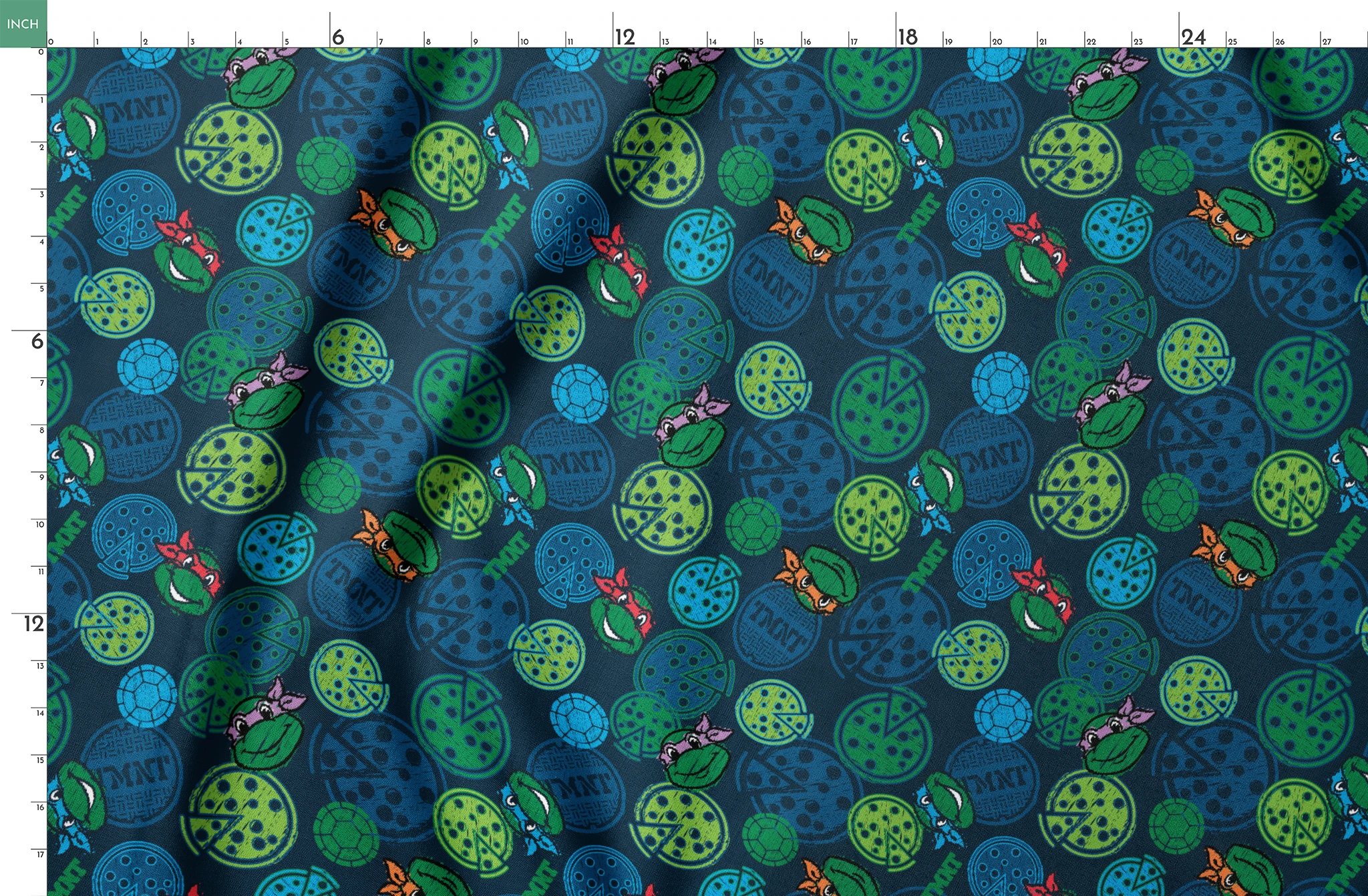Teenage Mutant Ninja Turtles pattern with cartoon character heads and green/blue pizza circles springs fatquarter mockup