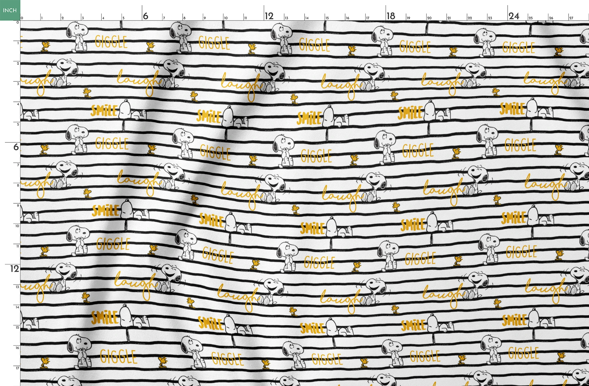 Black and white striped pattern with Snoopy and Woodstock, yellow text saying "giggle," "laugh," "smile springs fatquarter mockup