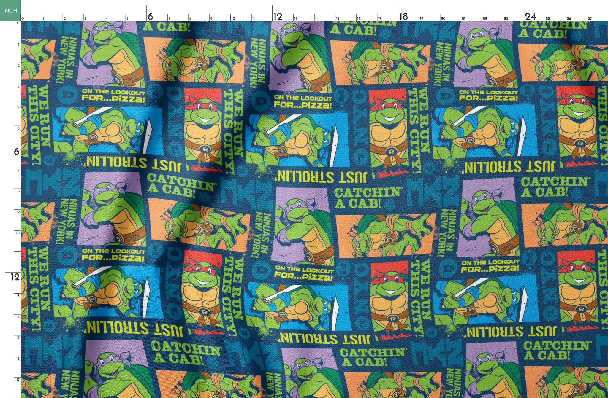 Teenage Mutant Ninja Turtles comic-style panels with characters in action poses and phrases like "Catchin' a Cab!" and "On the Lookout for Pizza! springs fatquarter mockup