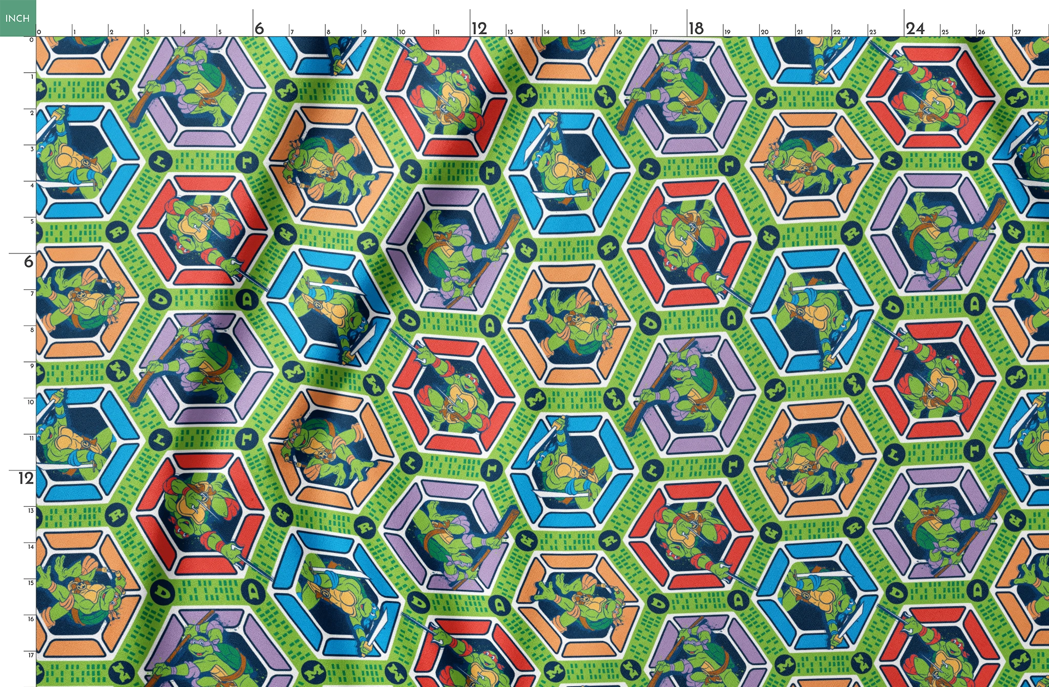 Colorful hexagonal pattern with Teenage Mutant Ninja Turtles and green text strips on blue background springs fatquarter mockup