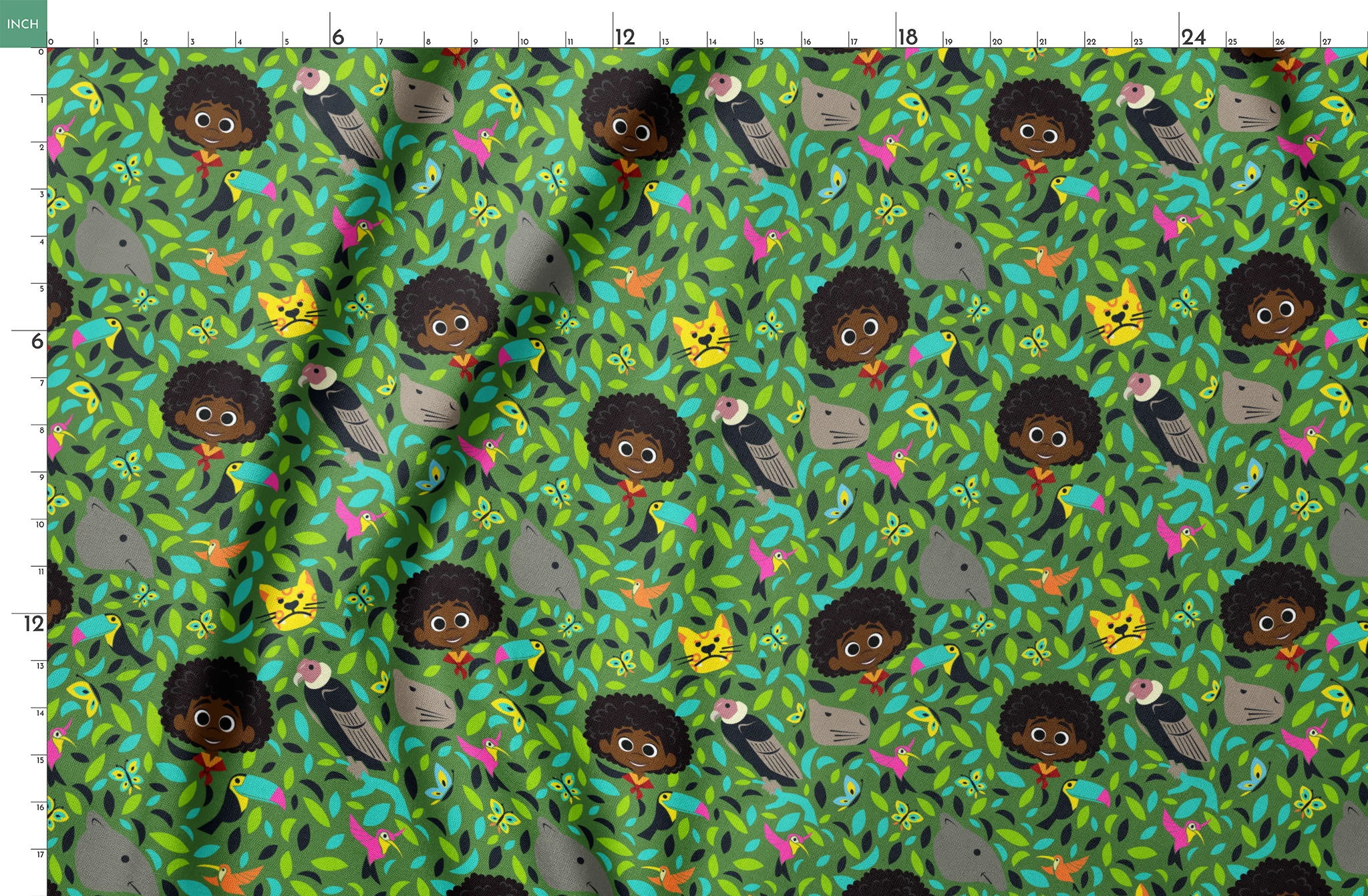 Colorful illustration with children, birds, butterflies, and animals among vibrant green foliage. springs fatquarter mockup