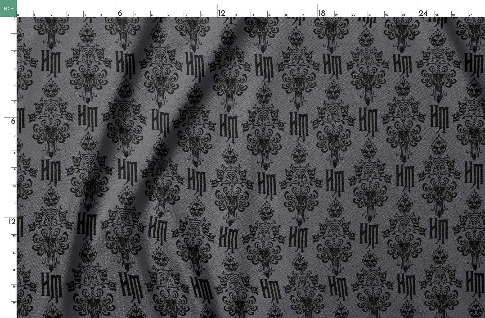 Dark gray background with black ornate damask pattern featuring decorative flourishes and monogram elements springs fatquarter mockup