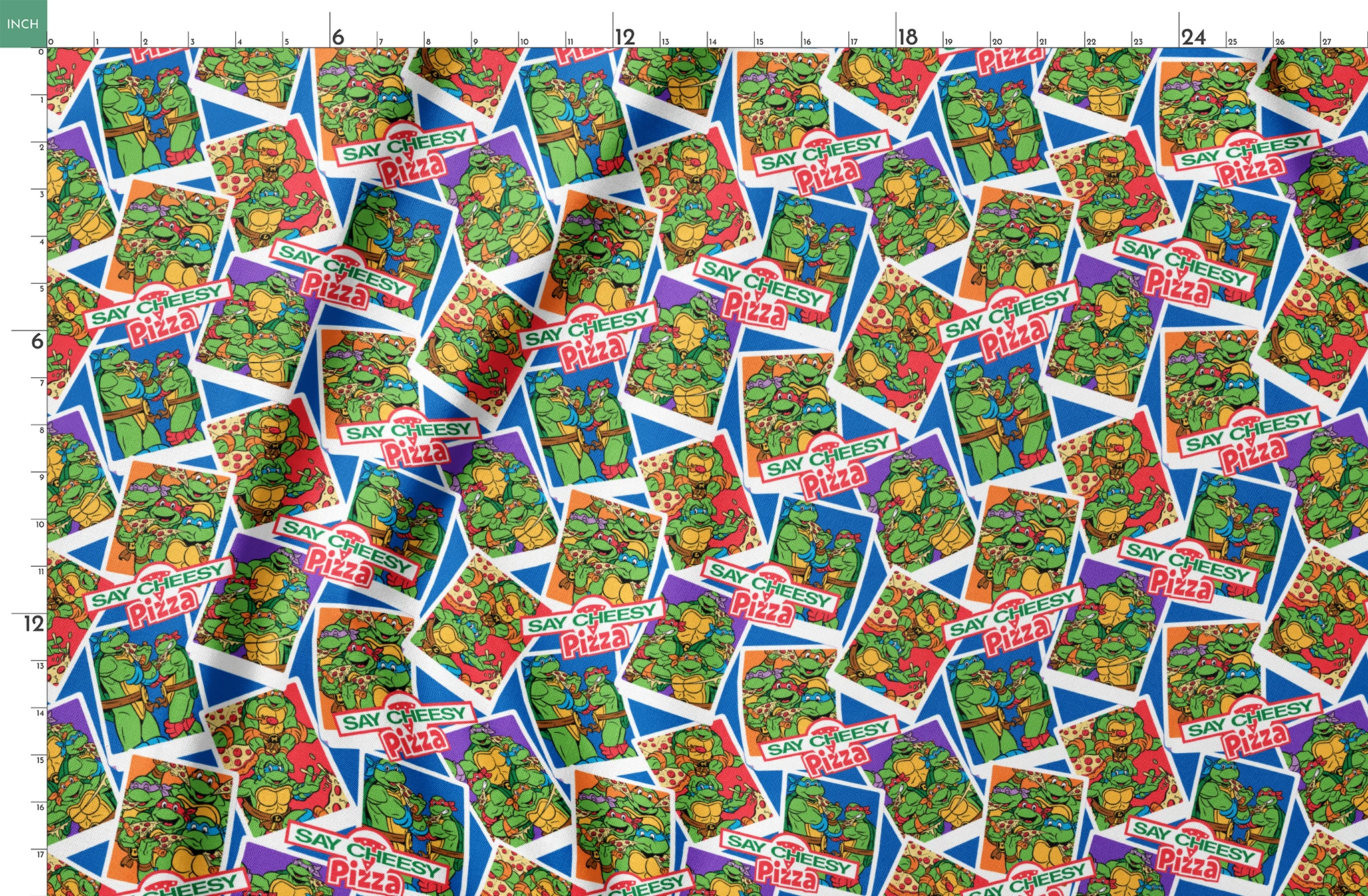 Colorful collage of Teenage Mutant Ninja Turtles cartoon characters with "Say Cheesy Pizza" text on vibrant background springs fatquarter mockup