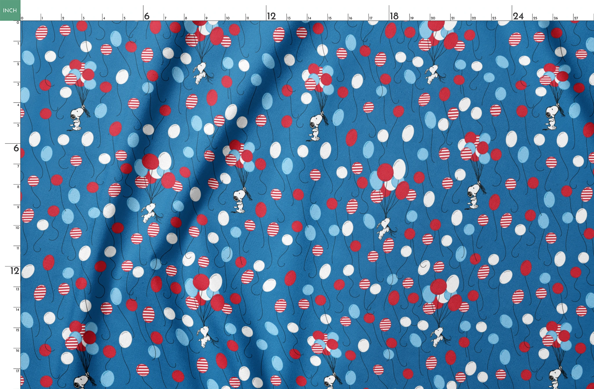 Snoopy patriotic blue pattern with red, white, and blue balloons and stars in American flag style springs fatquarter mockup