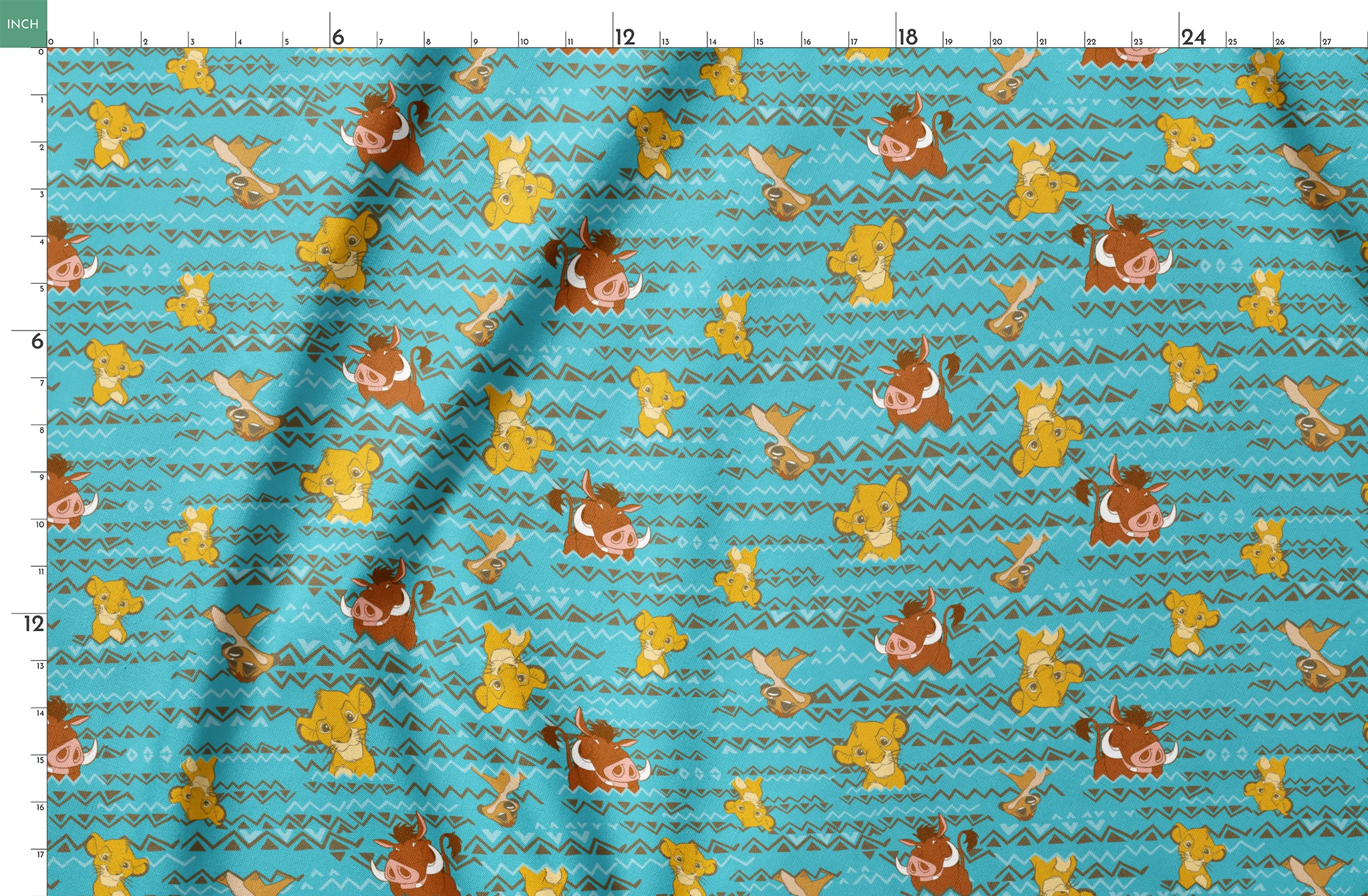Lion King themed pattern with Simba and Timon characters on turquoise blue background with zigzag stripes springs fatquarter mockup