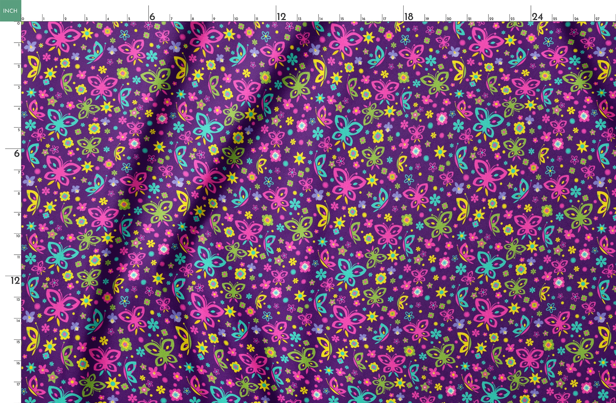 Colorful butterfly and flower pattern on purple background with pink, blue, green, and yellow designs springs fatquarter mockup