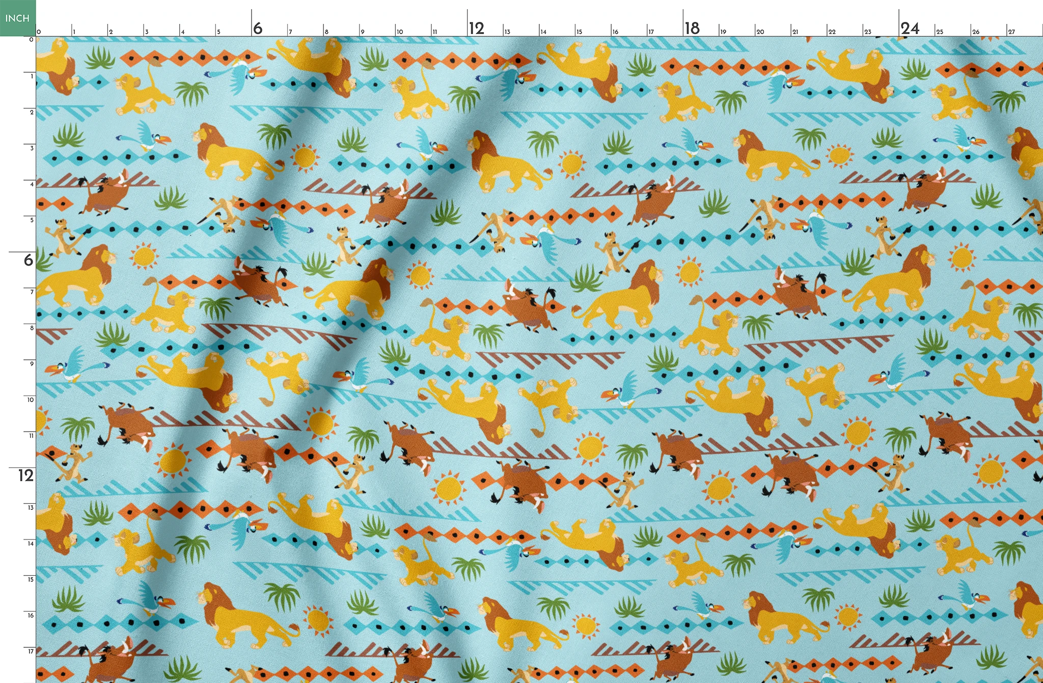 Colorful pattern with cartoon lions, palm trees, and sun designs on a light blue background springs fatquarter mockup