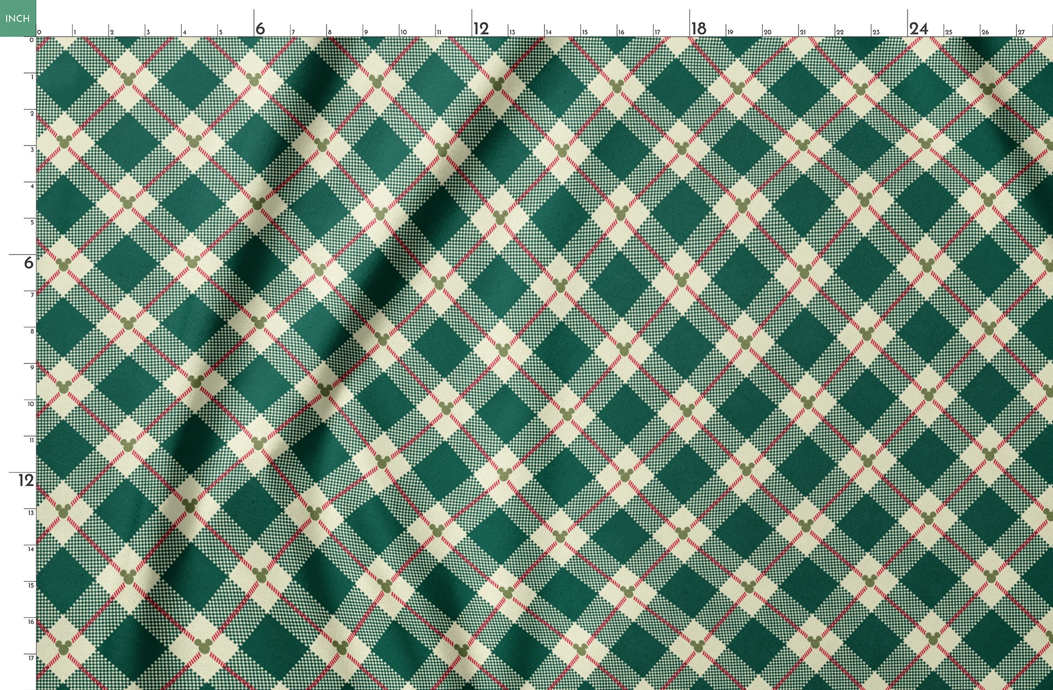 Diagonal green and cream plaid pattern with small Mickey Mouse silhouettes at intersections of red stripes springs fatquarter mockup