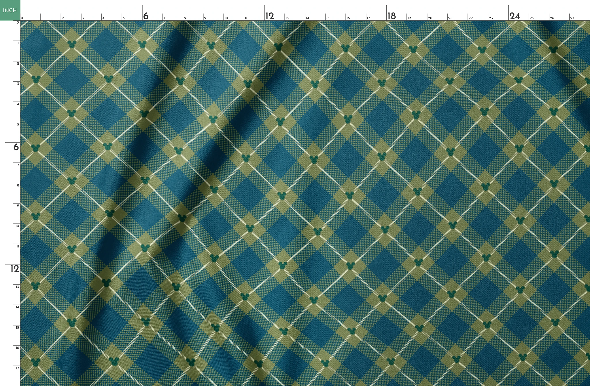 Geometric plaid pattern with teal and olive green diamonds, white diagonal stripes and checkered textures springs fatquarter mockup