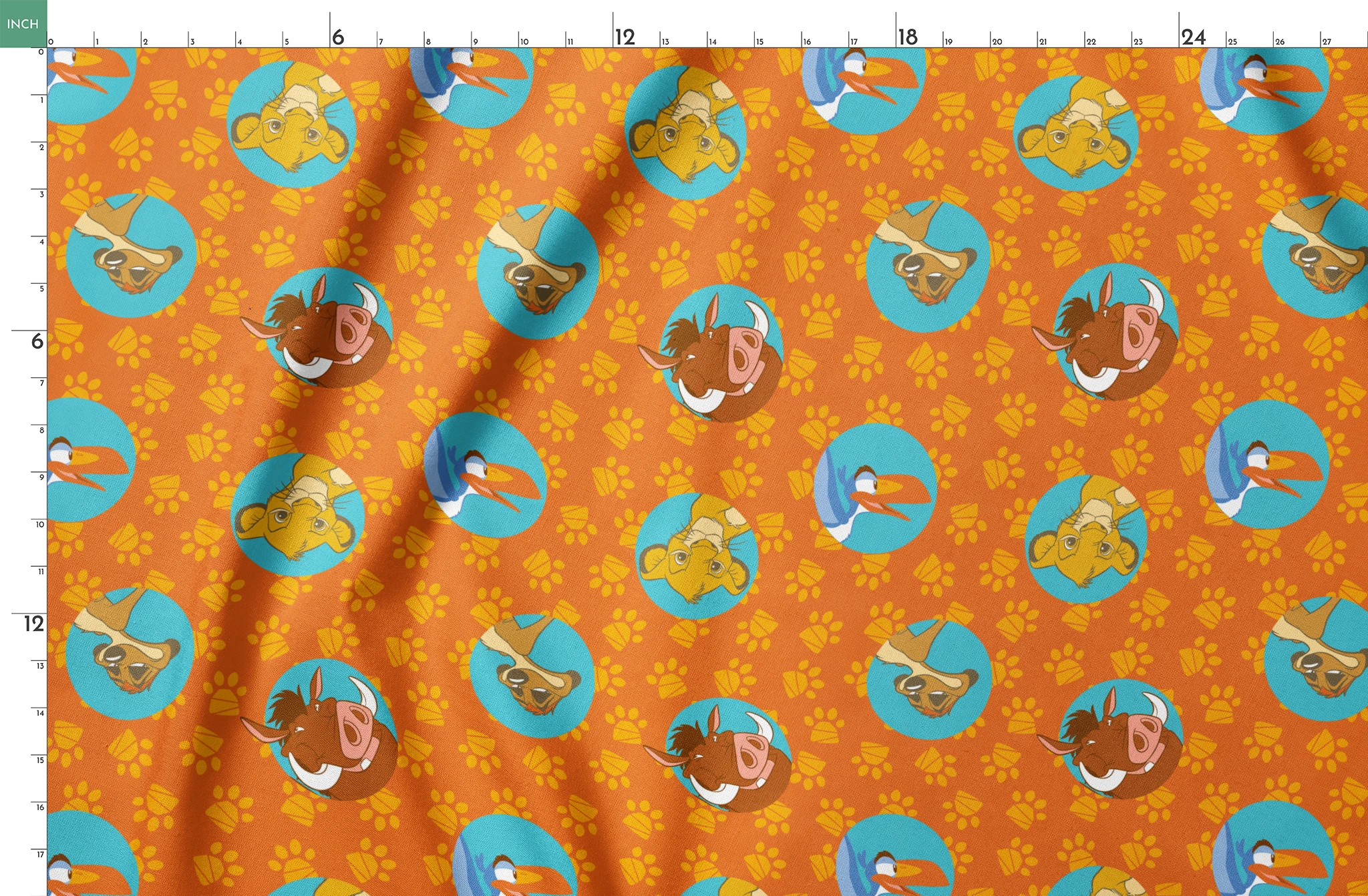Cartoon animal characters in blue circles on orange background with yellow paw prints pattern springs fatquarter mockup
