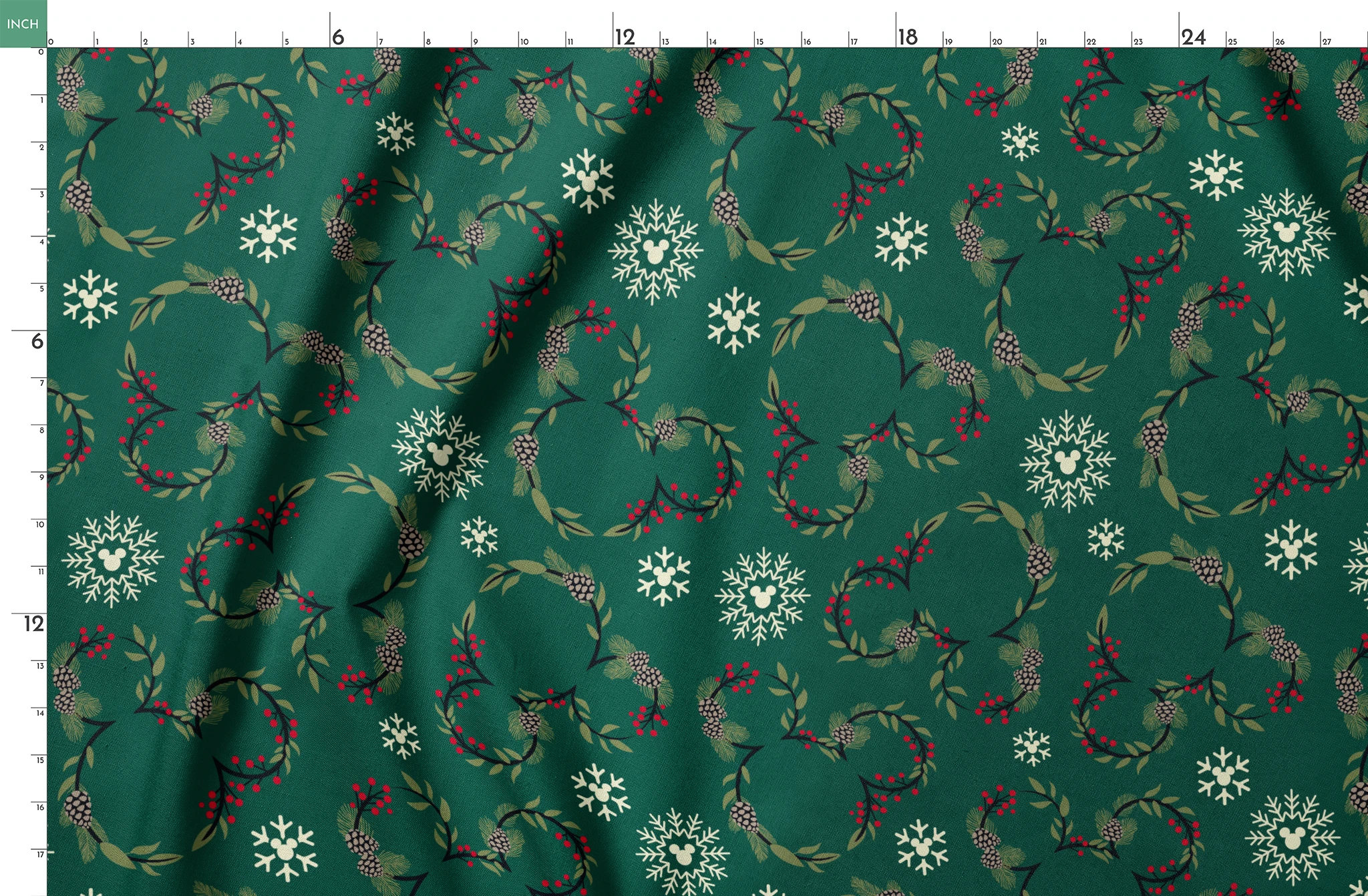 Holiday pattern with green wreaths, pinecones, red berries and white snowflakes on dark green background springs fatquarter mockup