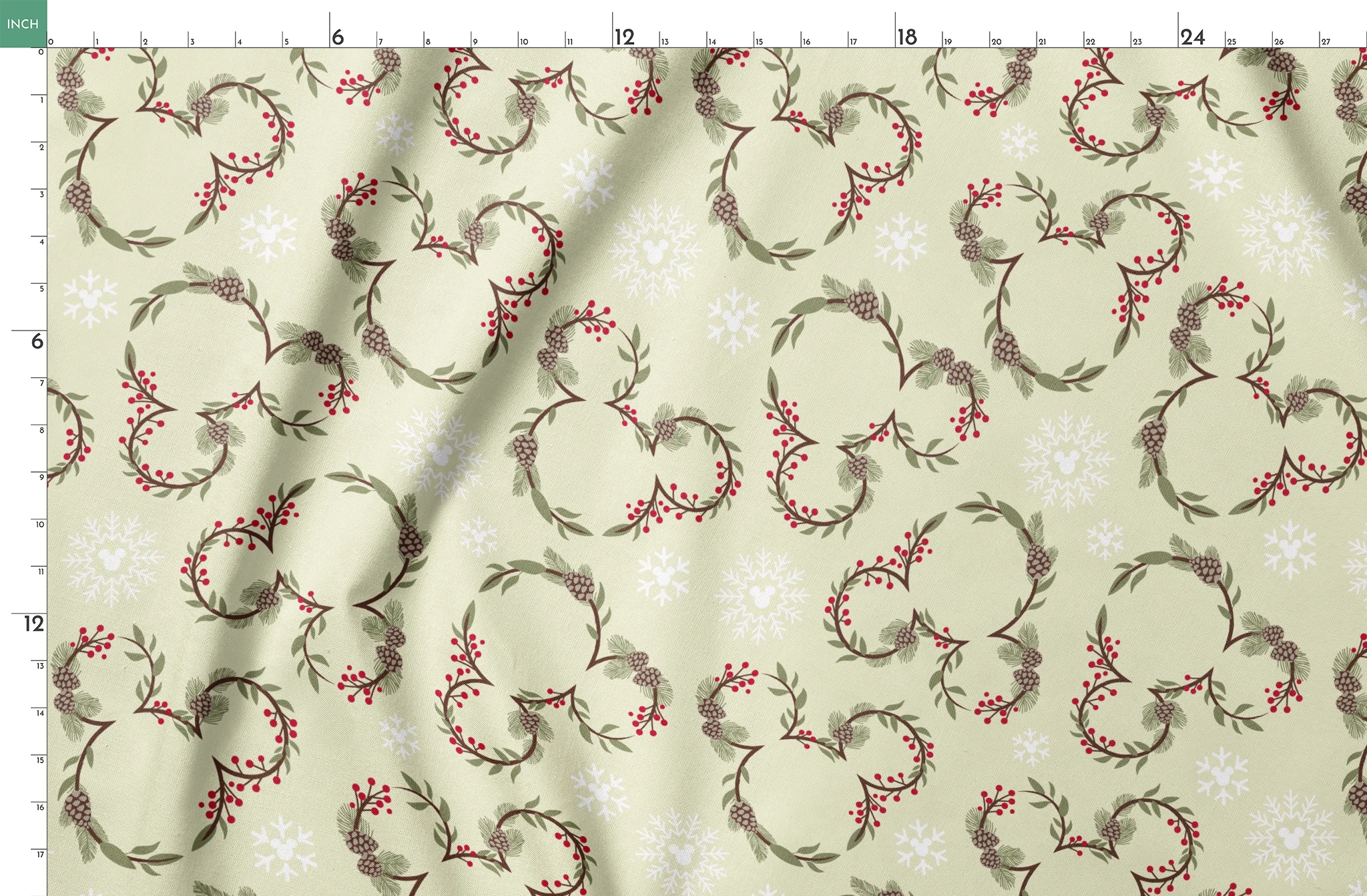 Holiday pattern with pine wreaths, red berries, and white snowflakes on light green background springs fatquarter mockup