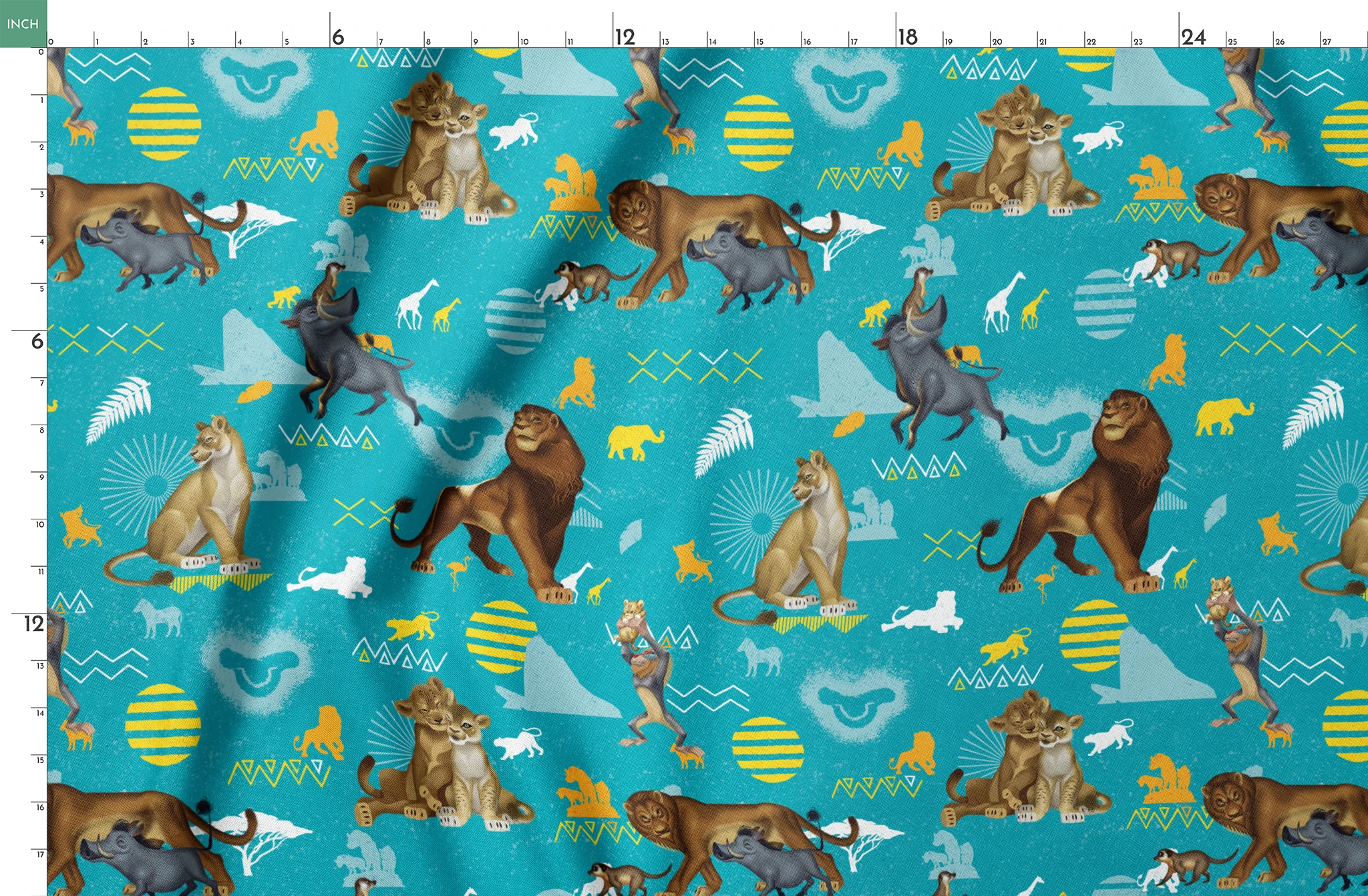Animated lions pattern on turquoise background with geometric shapes and tribal designs springs fatquarter mockup