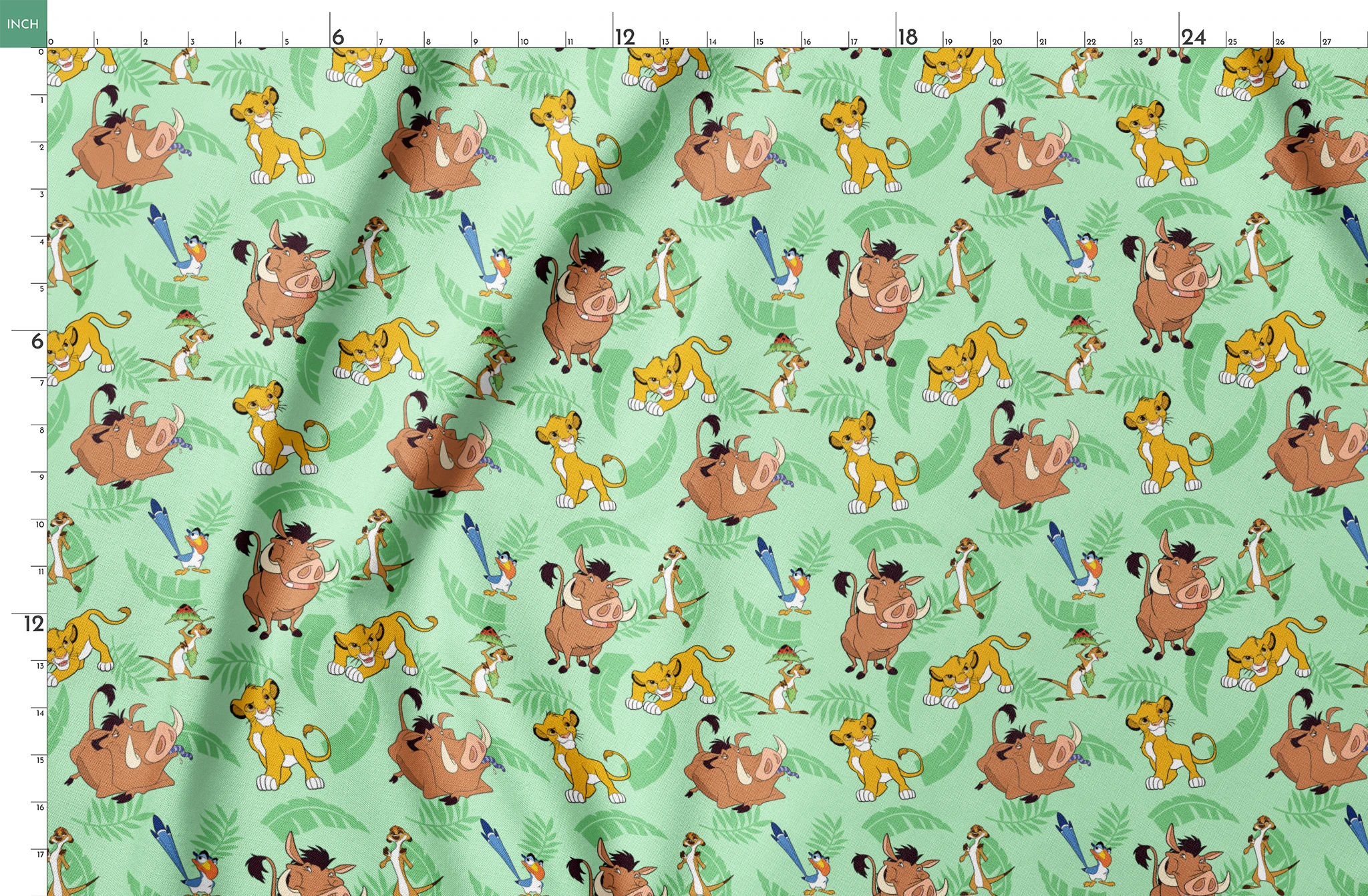 A repeating pattern of Lion King characters - Simba, Timon, Pumbaa, and Zazu on a light green leafy background. springs fatquarter mockup