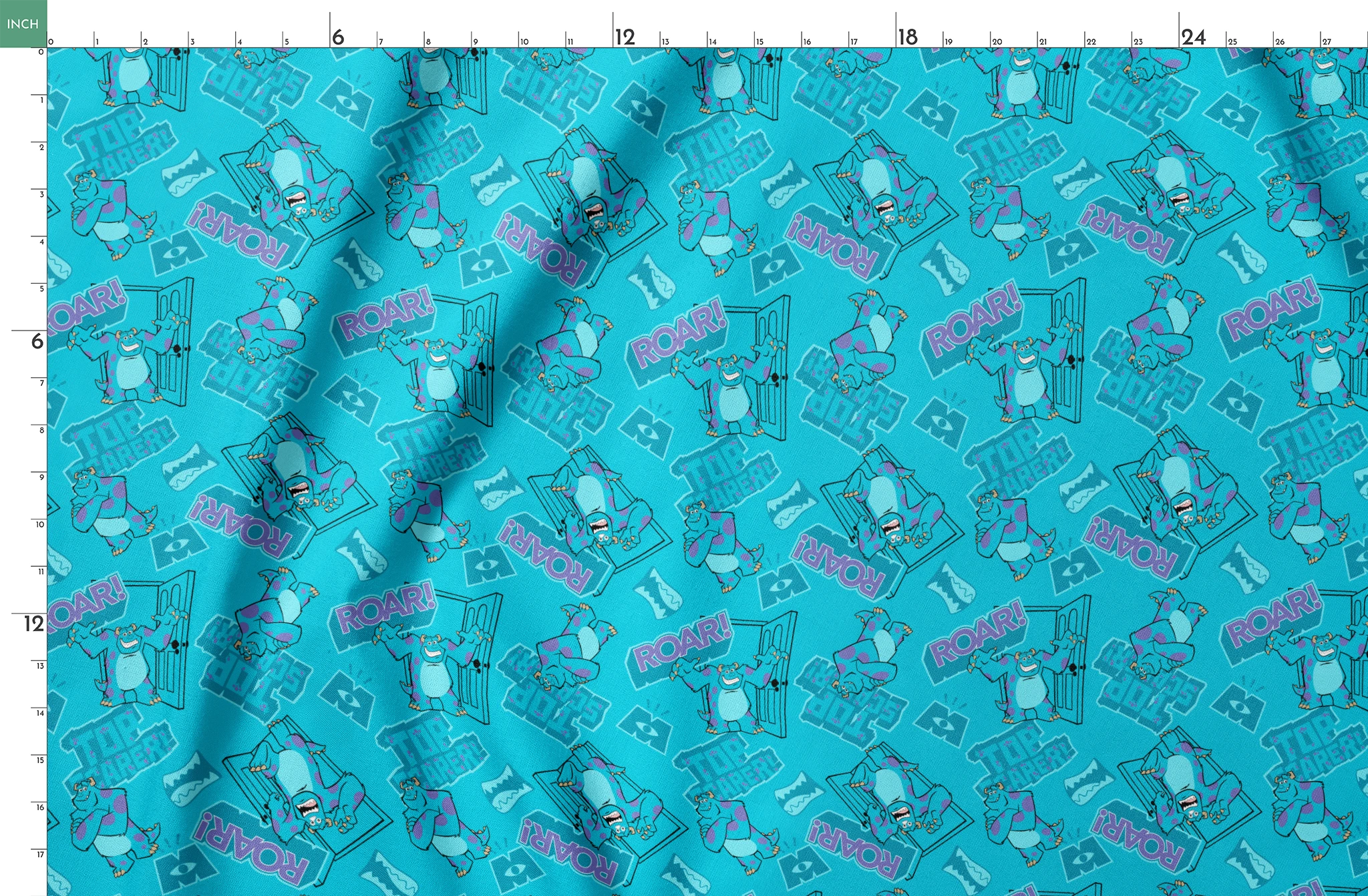 Monsters Inc's Sulley with "Roar" text and doorway motifs from movie springs fatquarter mockup