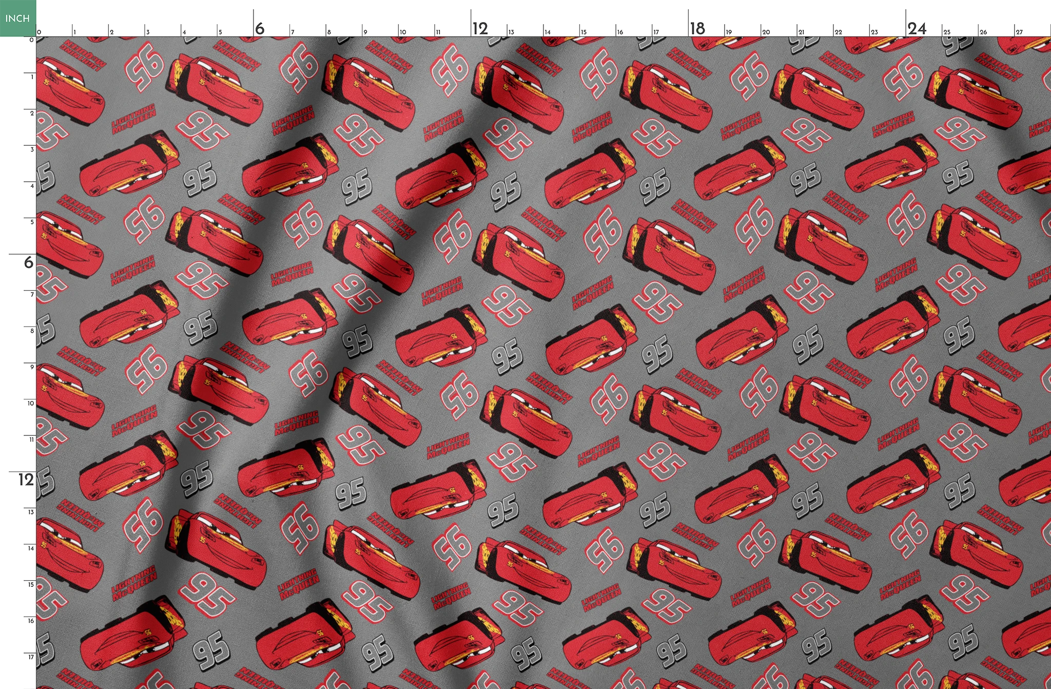 Lightning McQueen pattern with red race cars and number 95 on gray background springs fatquarter mockup