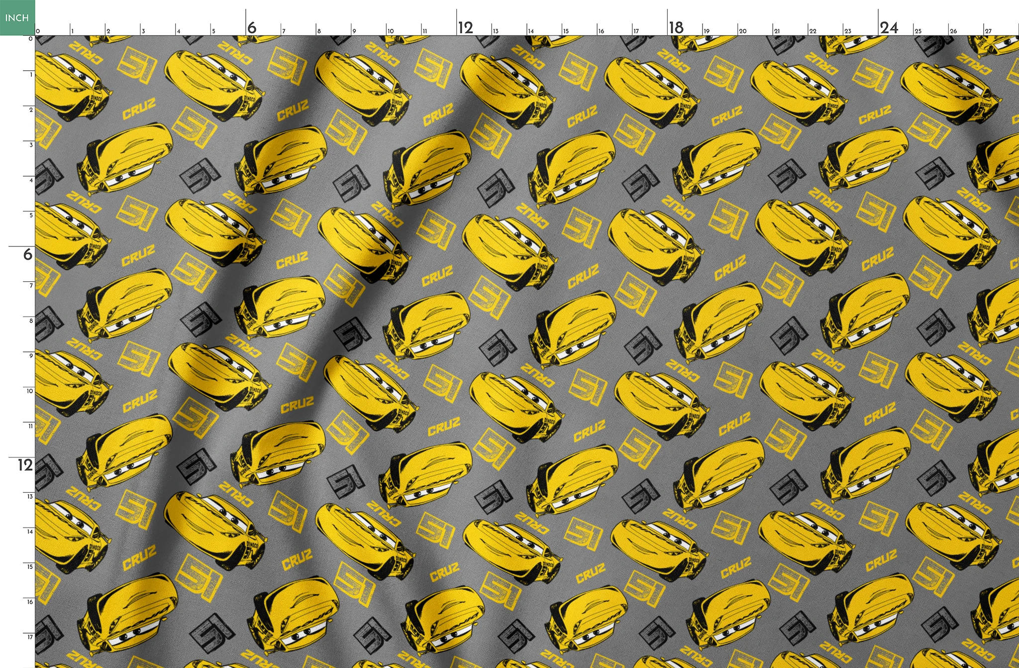 Yellow cartoon race cars with Cruz name on gray background, Cars movie pattern springs fatquarter mockup