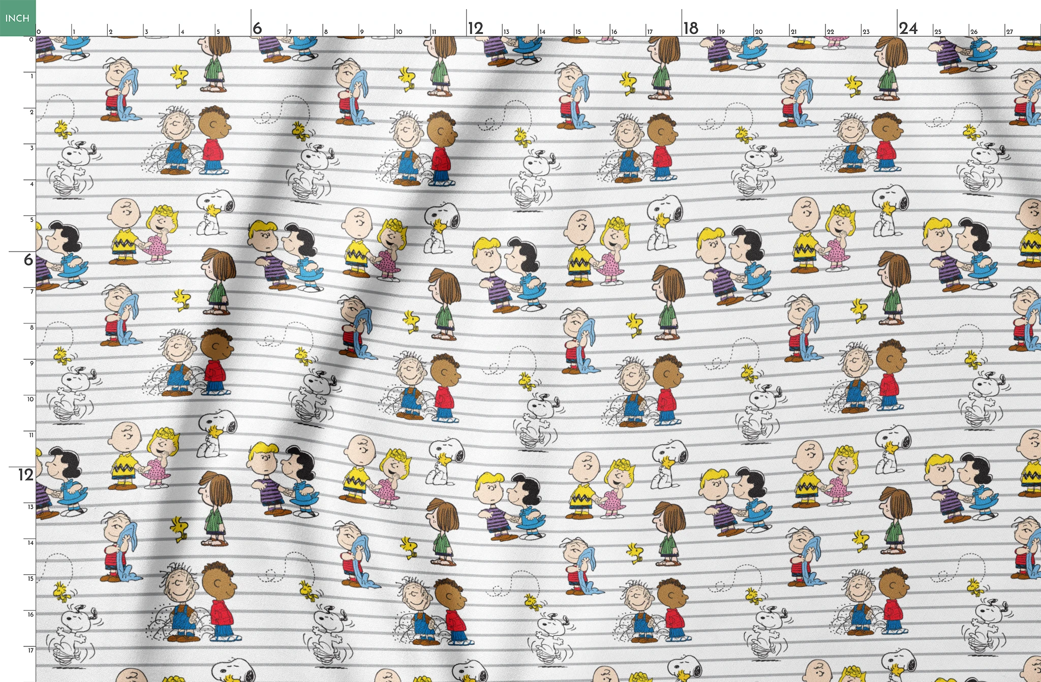 Peanuts cartoon characters on striped background, including Snoopy, Woodstock, and friends with their signature traits and poses. springs fatquarter mockup