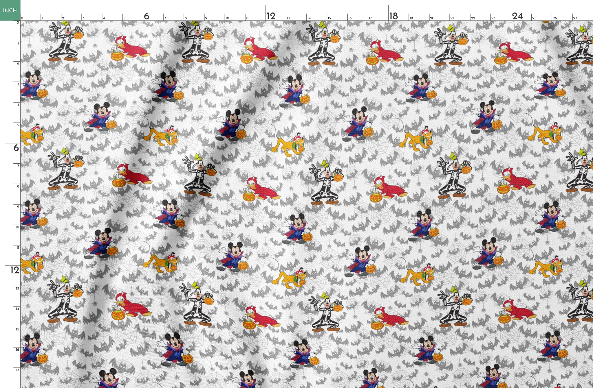 Disney cartoon characters in Halloween costumes with pumpkins on bat pattern background springs fatquarter mockup