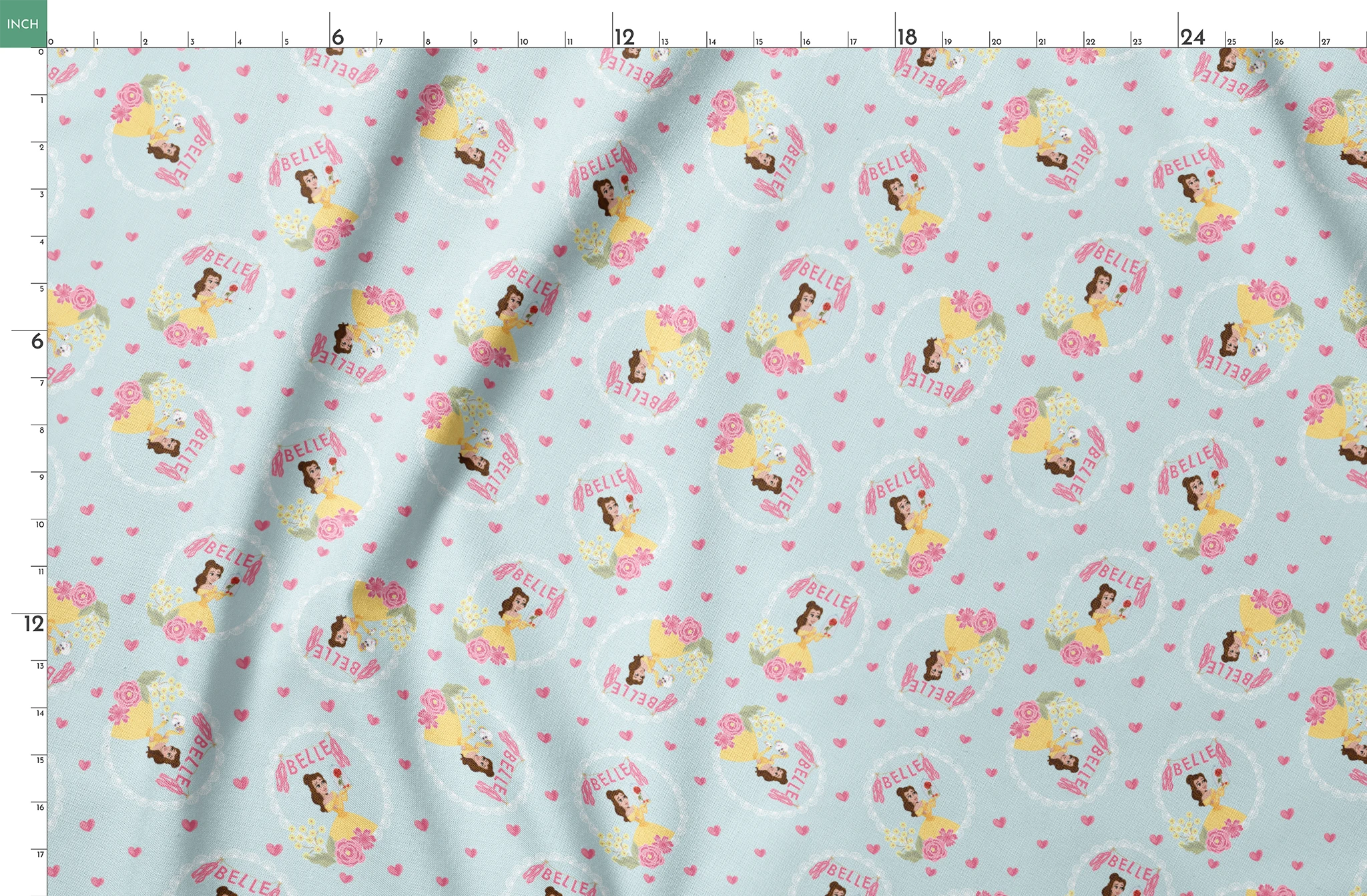 Princess Belle pattern with yellow dress, "Belle" text, hearts, and flowers on light blue background springs fatquarter mockup