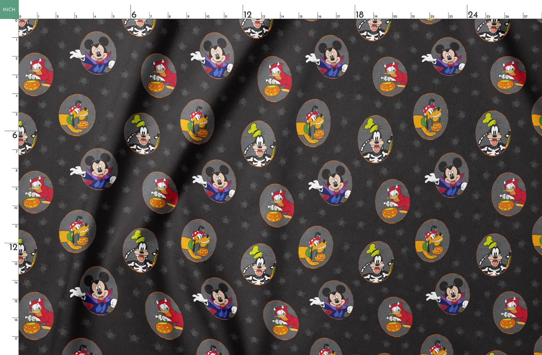 Disney characters in Halloween costumes on black background with spider pattern. Mickey as vampire, Donald with pumpkin, Pluto with candy. springs fatquarter mockup