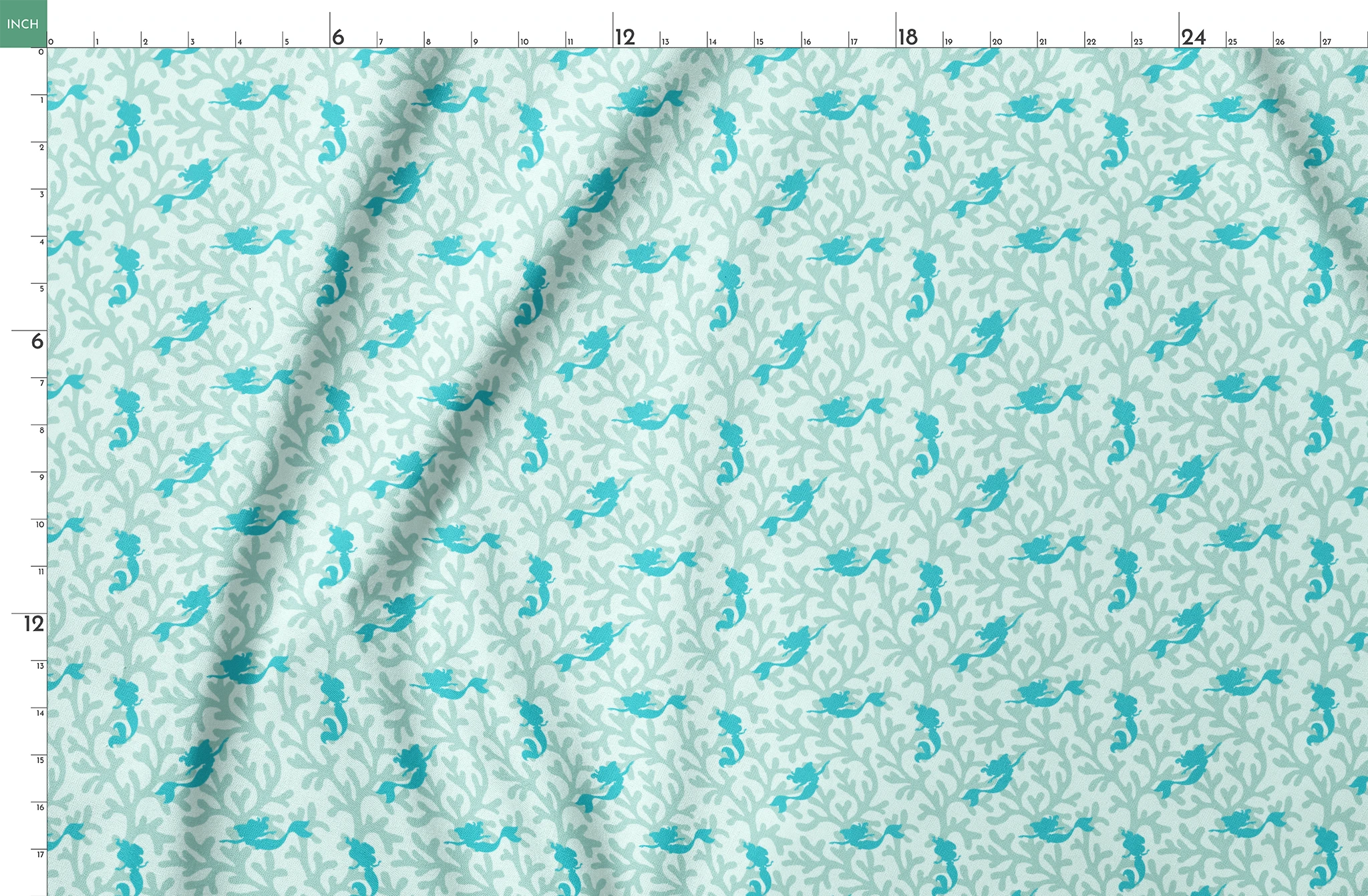 Abstract pattern with light mint green coral shapes and The Little Mermaid silhouettes springs fatquarter mockup
