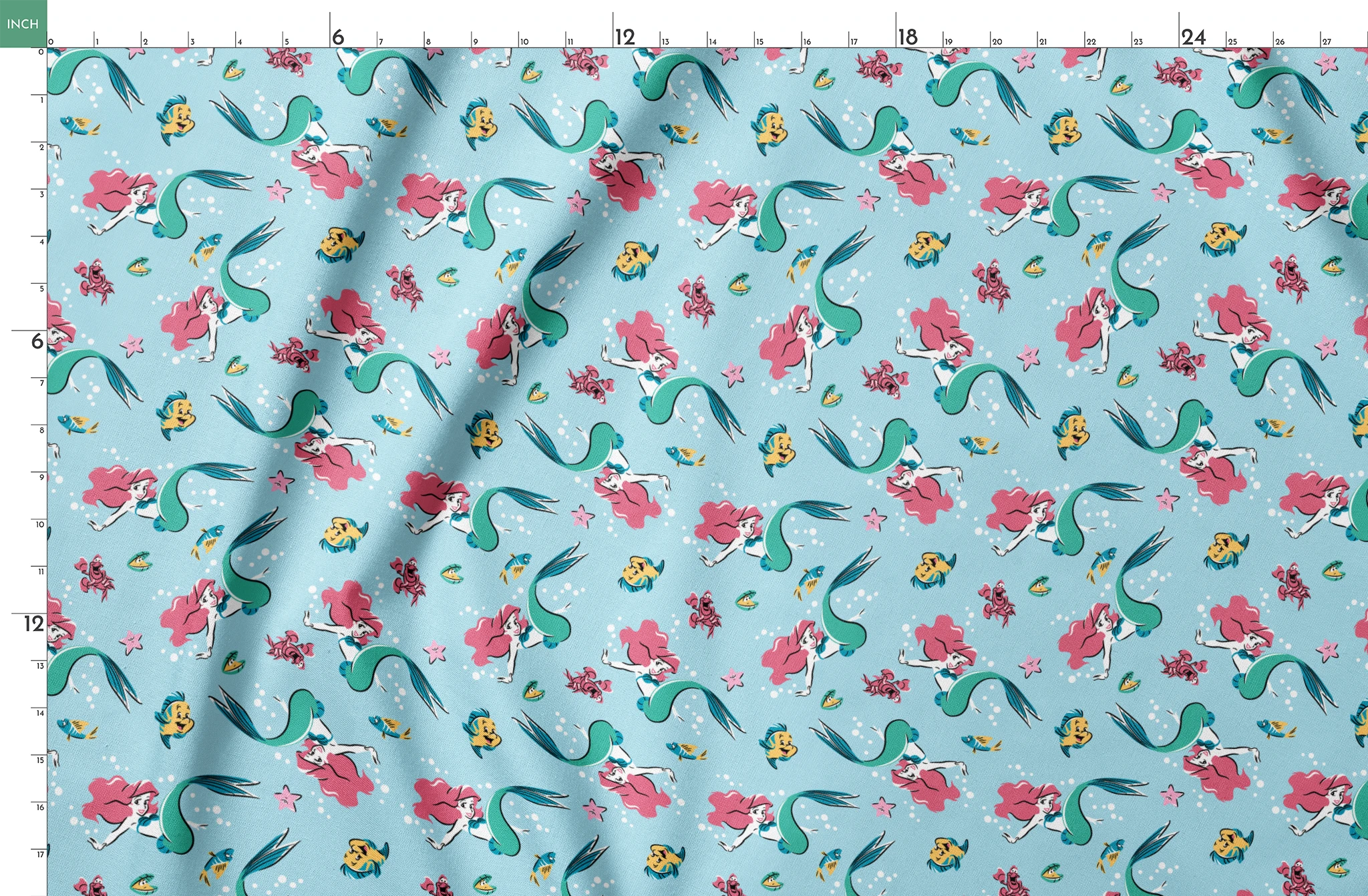 Underwater pattern with colorful mermaids, tropical fish, crabs, and starfish on light blue background springs fatquarter mockup