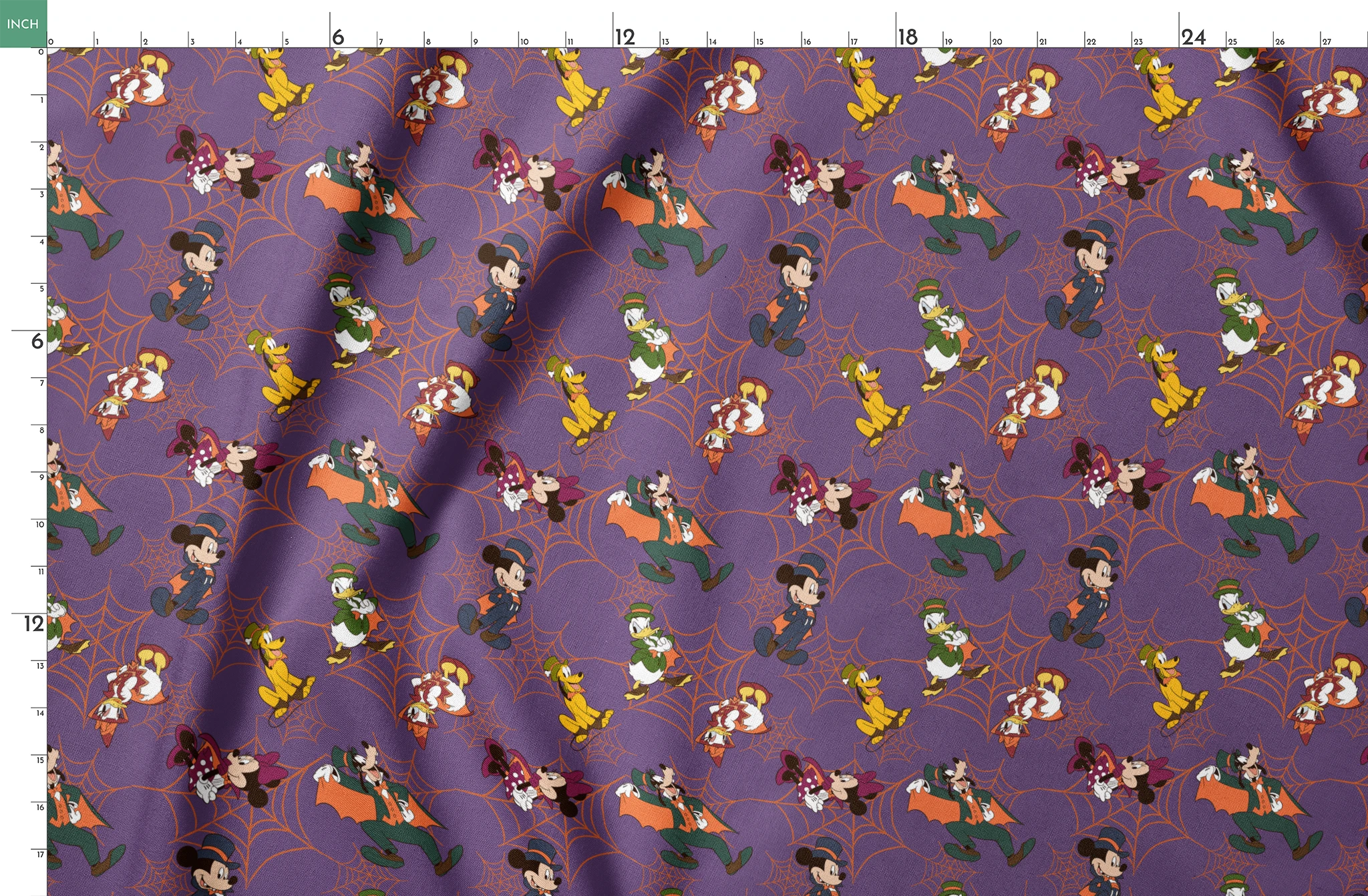 Disney cartoon characters in Halloween costumes on purple background with orange spider webs springs fatquarter mockup