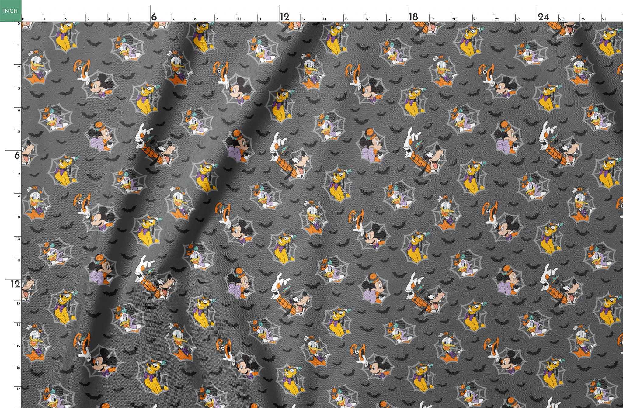 Disney cartoon characters in Halloween costumes on gray background with spider webs and bats springs fatquarter mockup