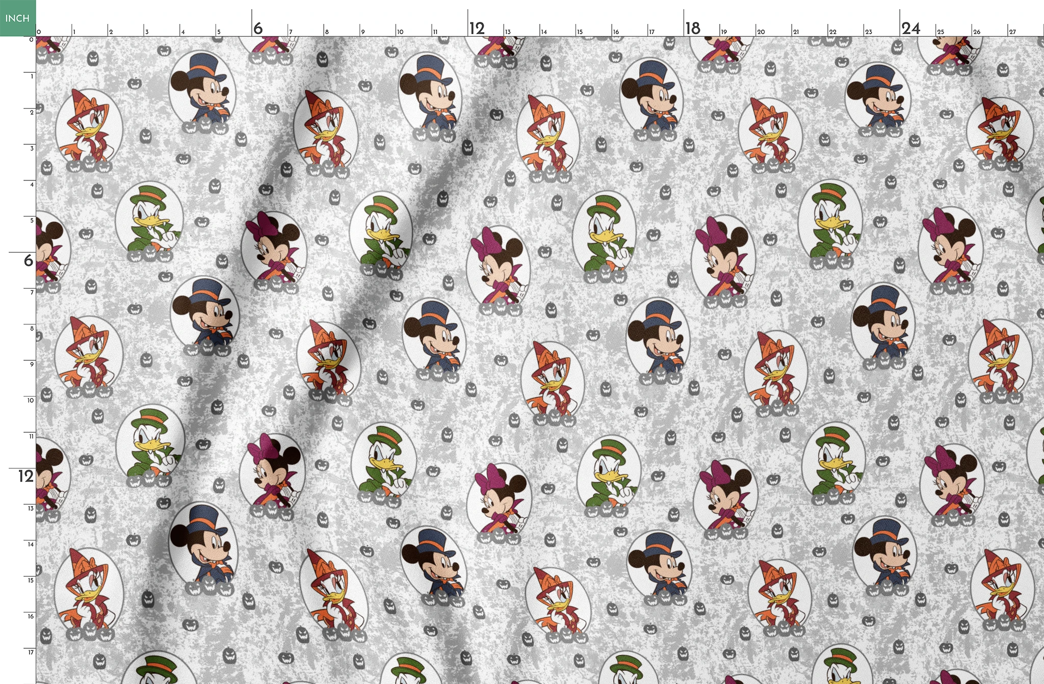 Disney Halloween pattern with Mickey in top hat, Donald in green hat, and Daisy in witch hat on gray background with pumpkins. springs fatquarter mockup
