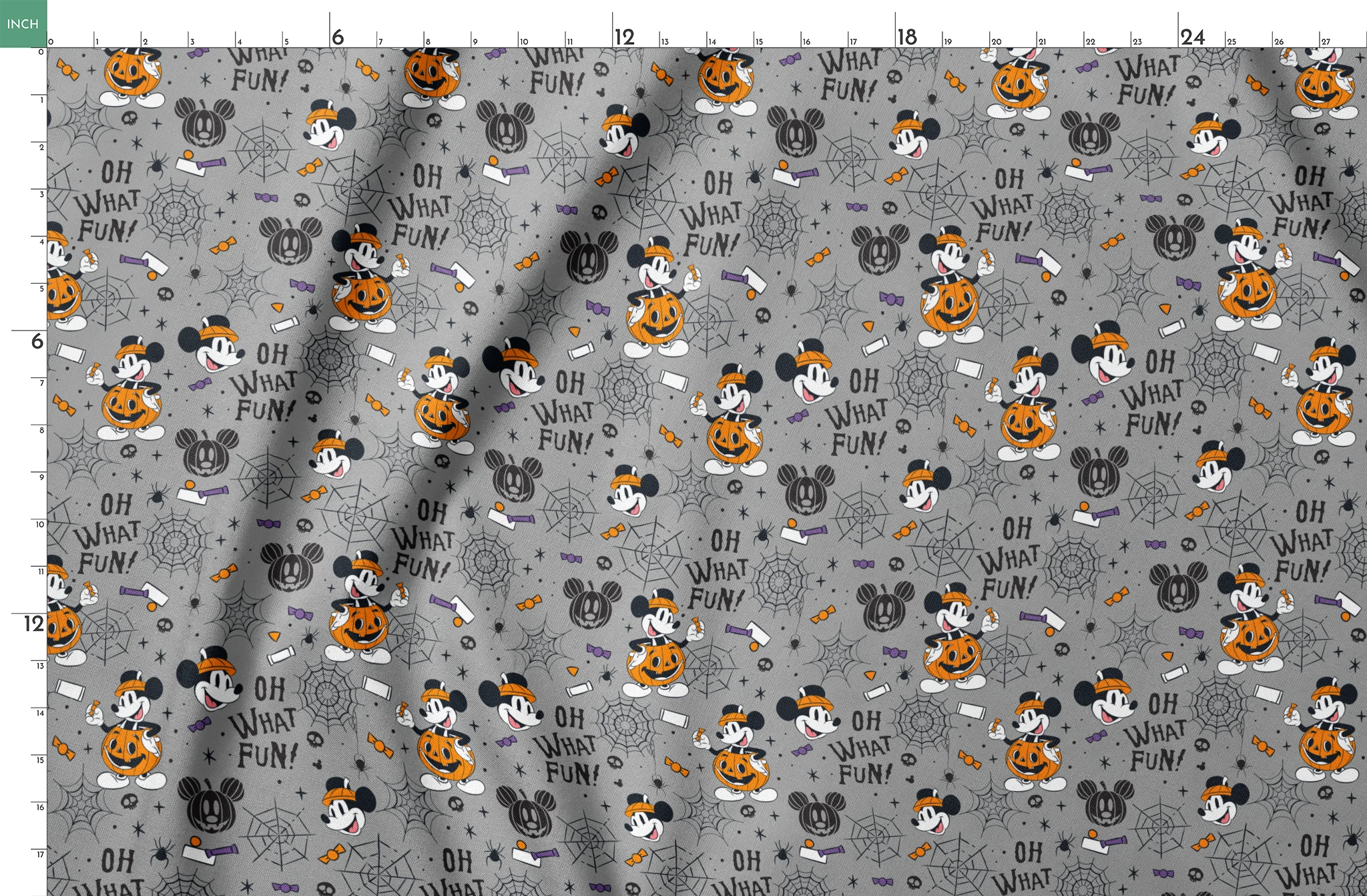 Halloween pattern with Mickey Mouse characters, pumpkins, spider webs, and "Oh What Fun!" text on gray background springs fatquarter mockup