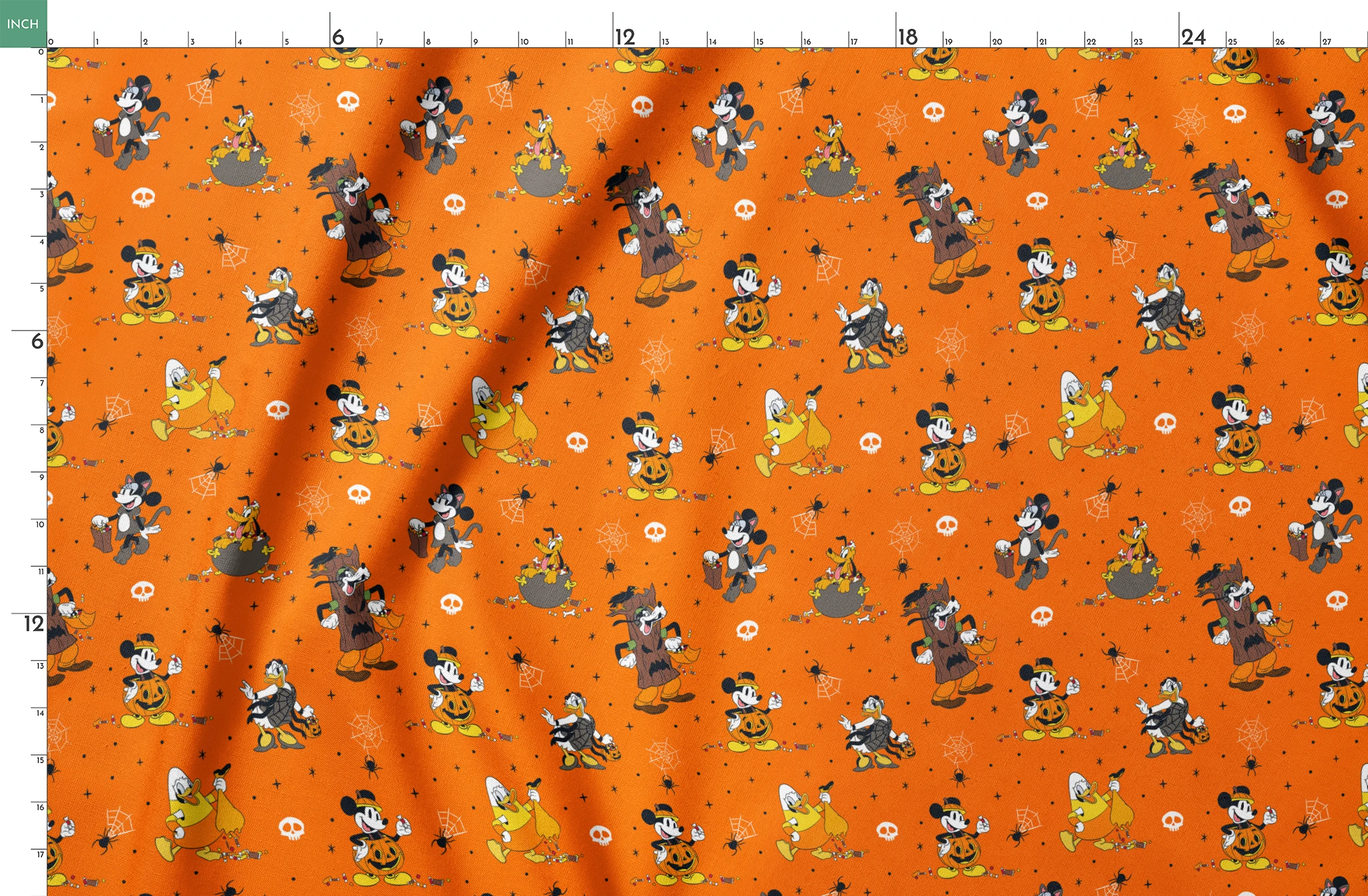 Halloween-themed orange pattern with Disney characters in costumes, spiderwebs, and skulls springs fatquarter mockup