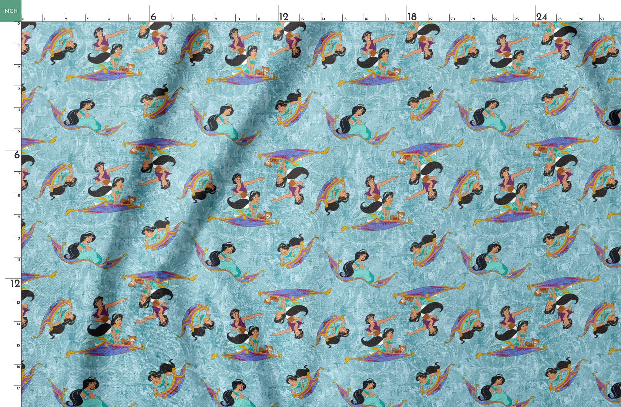 Aladdin and Princess Jasmine riding magic carpets against a light blue marbled background pattern springs fatquarter mockup