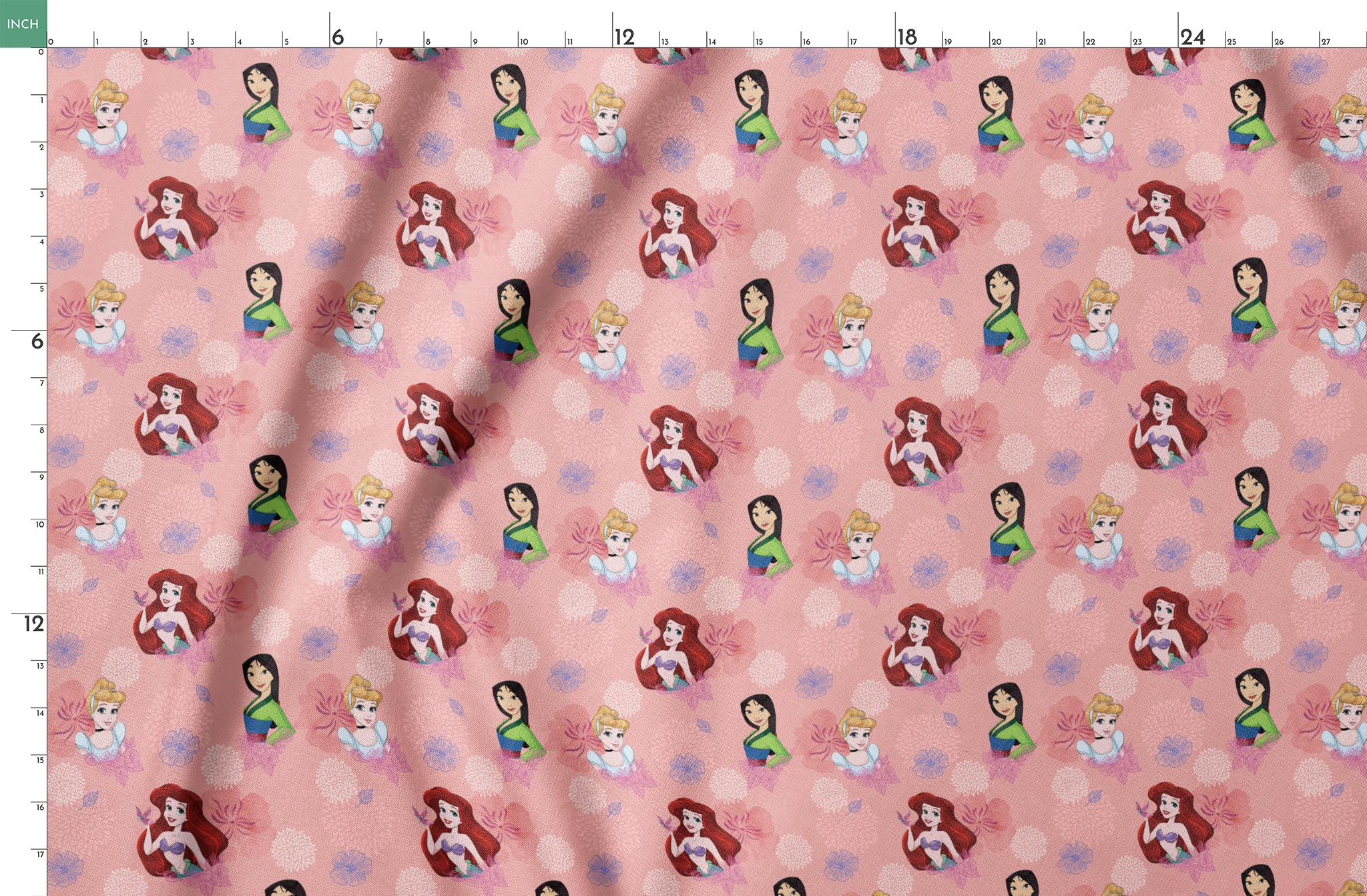 Disney princess characters on pink floral background with delicate flower patterns springs fatquarter mockup